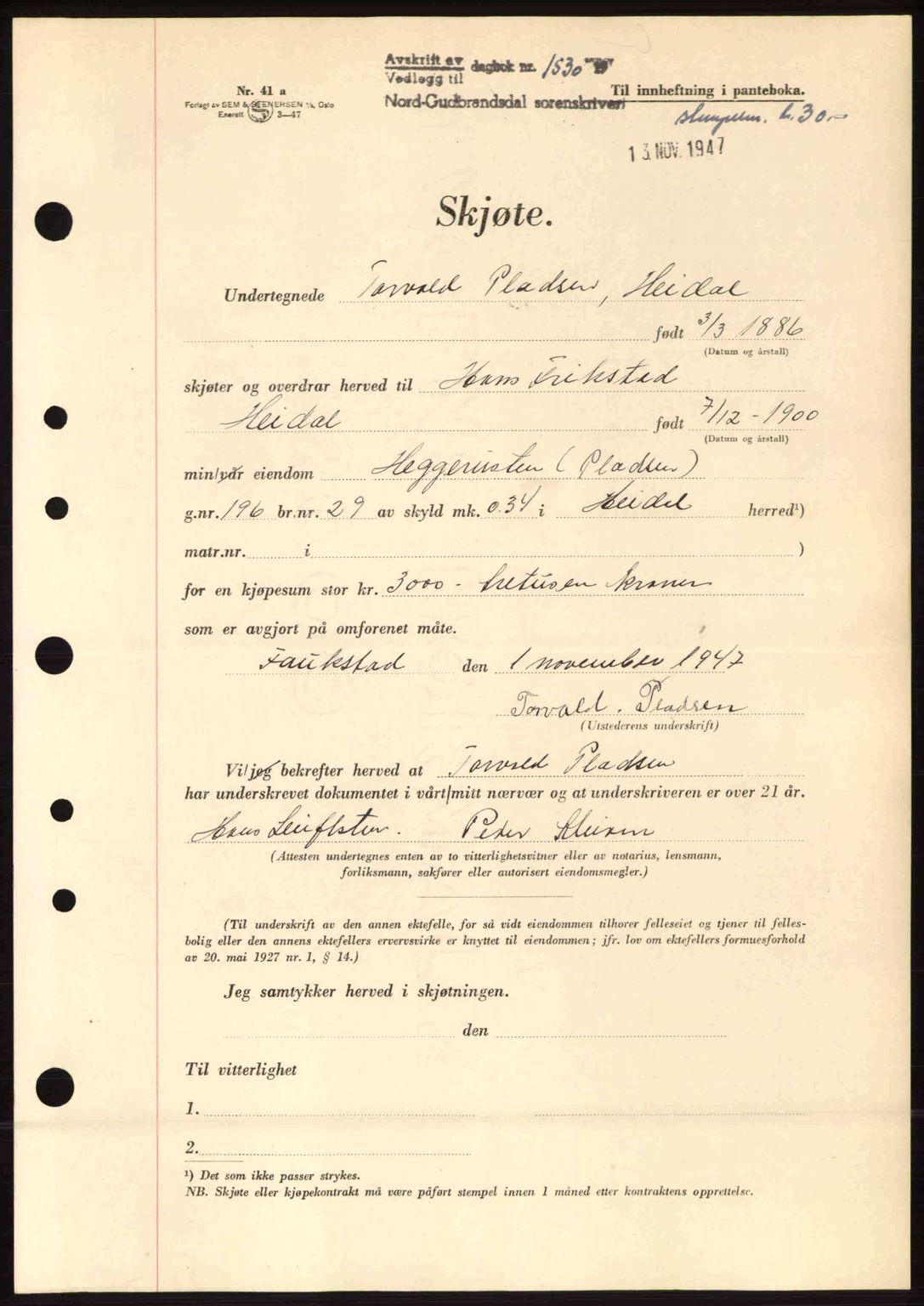 Nord-Gudbrandsdal tingrett, AV/SAH-TING-002/H/Hb/Hbb/L0018: Mortgage book no. FA18, 1947-1947, Diary no: : 1530/1947