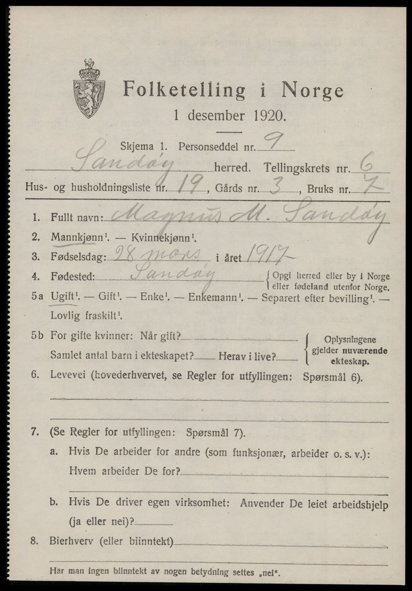 SAT, 1920 census for Sandøy, 1920, p. 2296