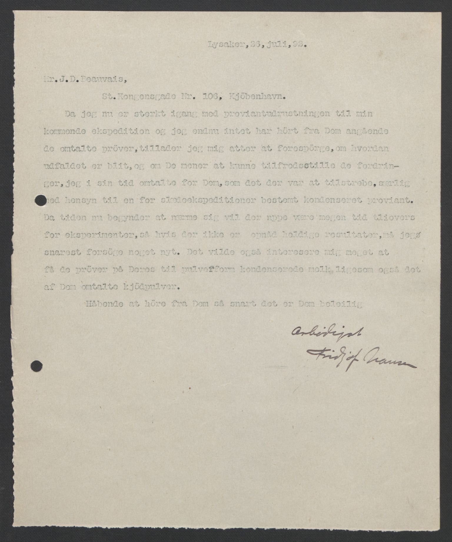 Arbeidskomitéen for Fridtjof Nansens polarekspedisjon, AV/RA-PA-0061/D/L0004: Innk. brev og telegrammer vedr. proviant og utrustning, 1892-1893, p. 31