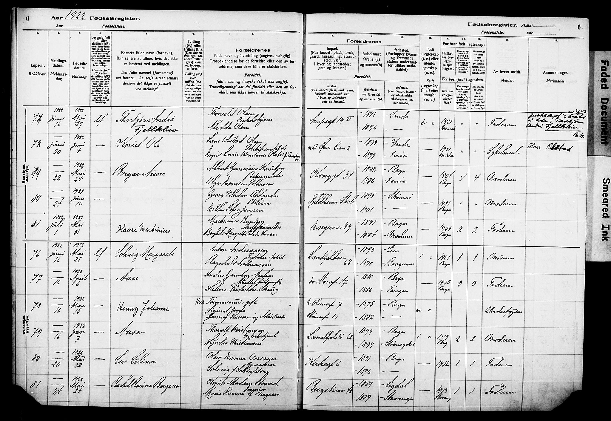 Bragernes kirkebøker, AV/SAKO-A-6/J/Ja/L0002: Birth register no. 2, 1922-1930, p. 6