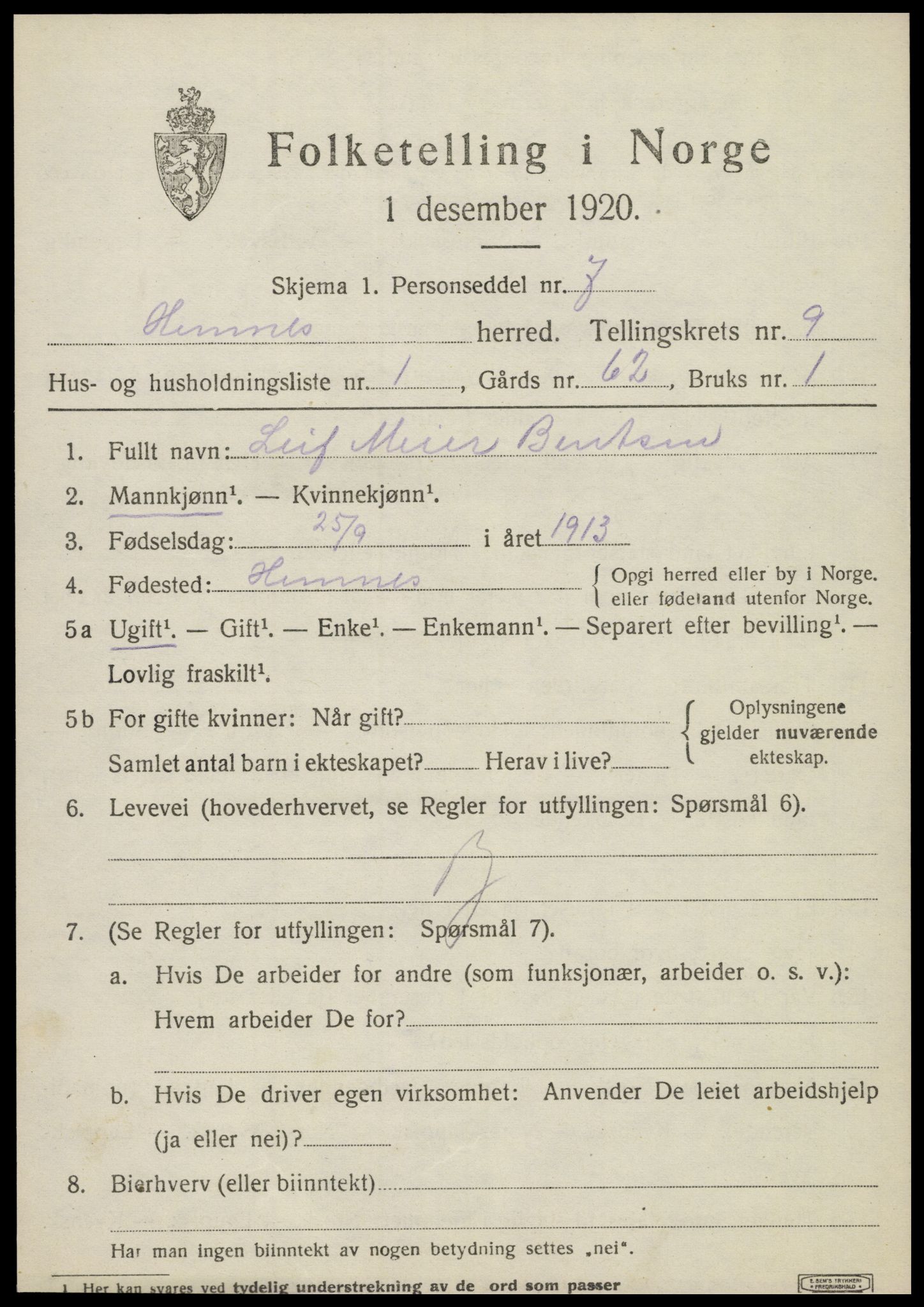 SAT, 1920 census for Hemnes, 1920, p. 8348