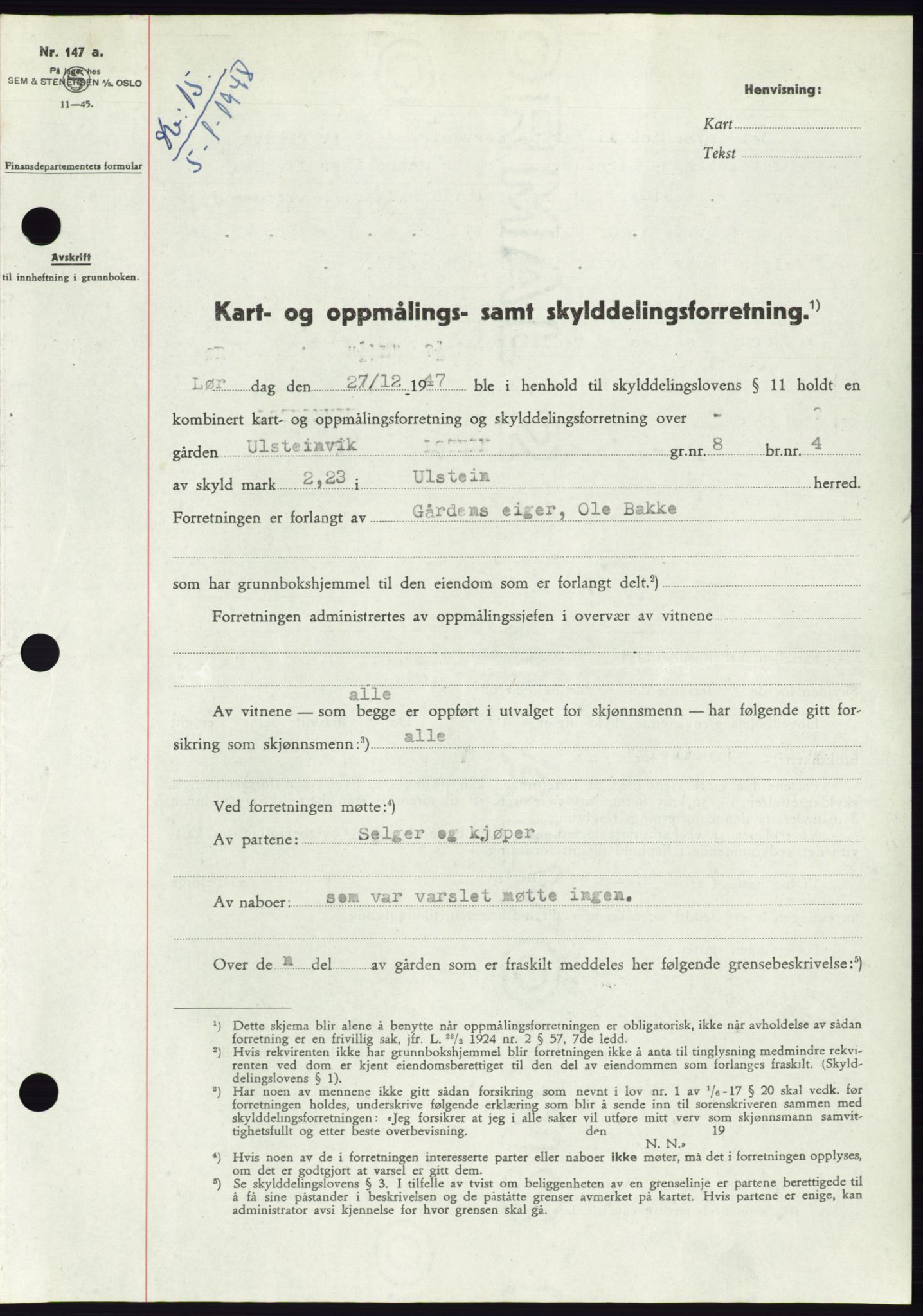 Søre Sunnmøre sorenskriveri, AV/SAT-A-4122/1/2/2C/L0081: Mortgage book no. 7A, 1947-1948, Diary no: : 15/1948