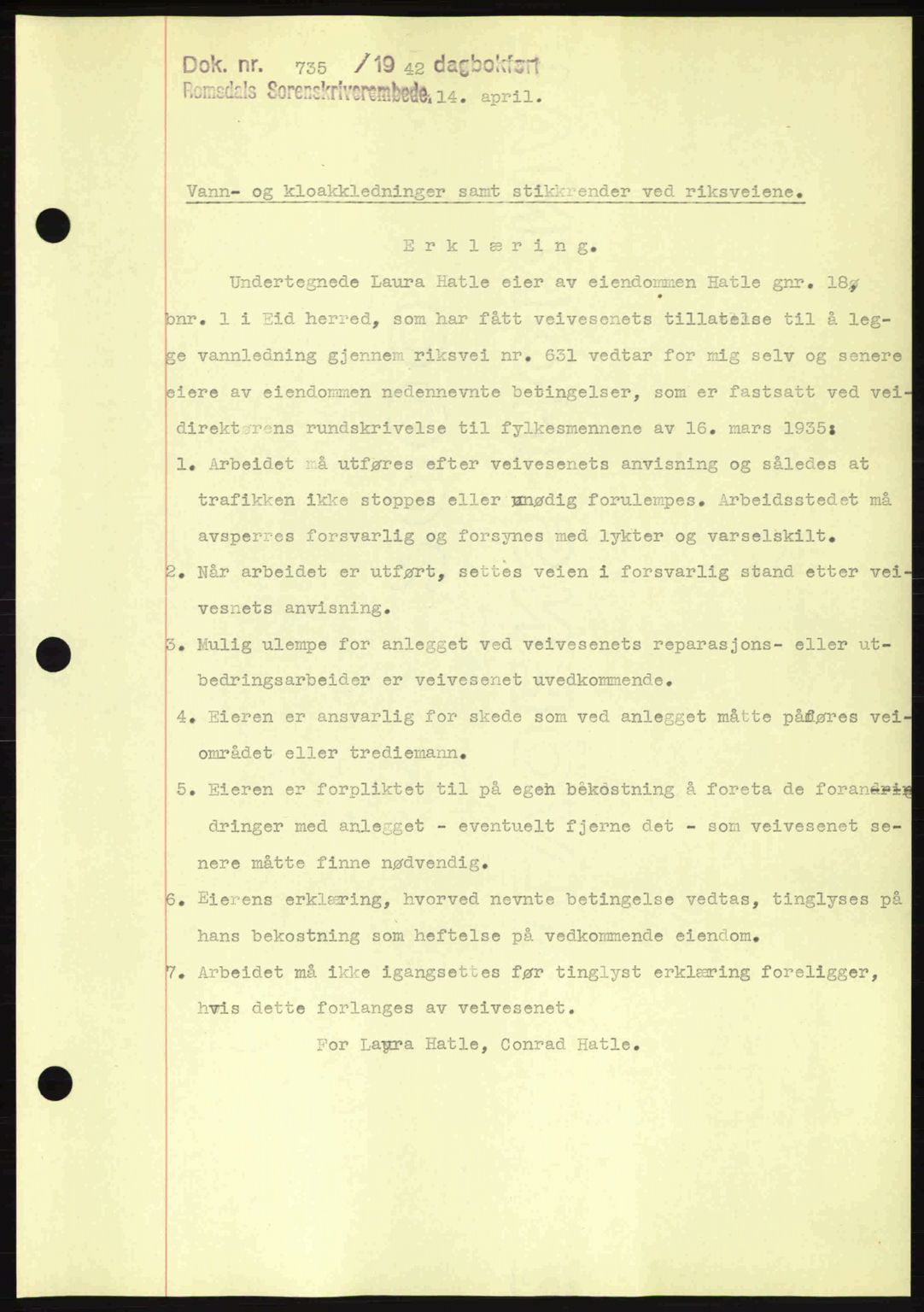 Romsdal sorenskriveri, AV/SAT-A-4149/1/2/2C: Mortgage book no. A12, 1942-1942, Diary no: : 735/1942