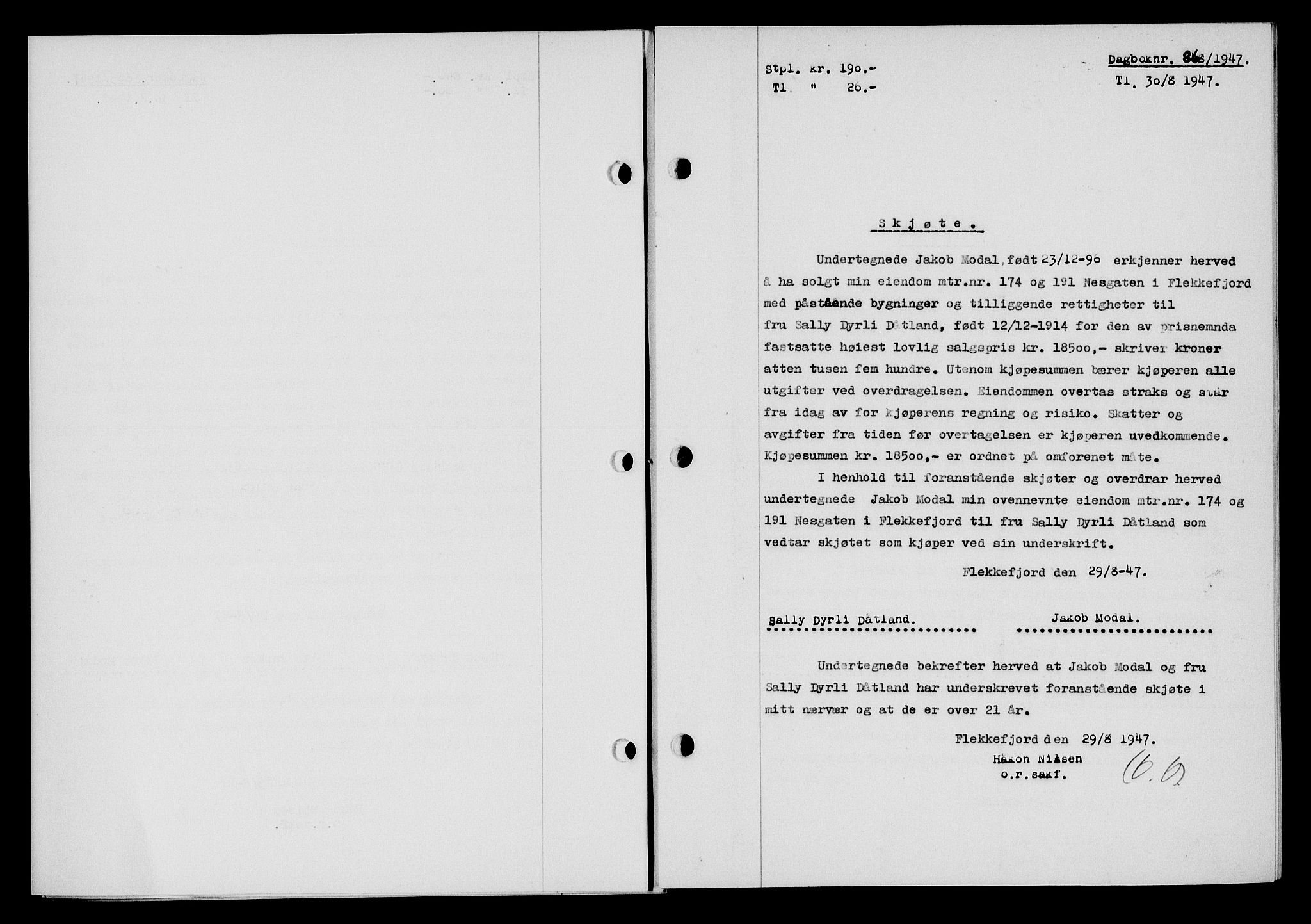 Flekkefjord sorenskriveri, SAK/1221-0001/G/Gb/Gba/L0062: Mortgage book no. A-10, 1947-1947, Diary no: : 868/1947