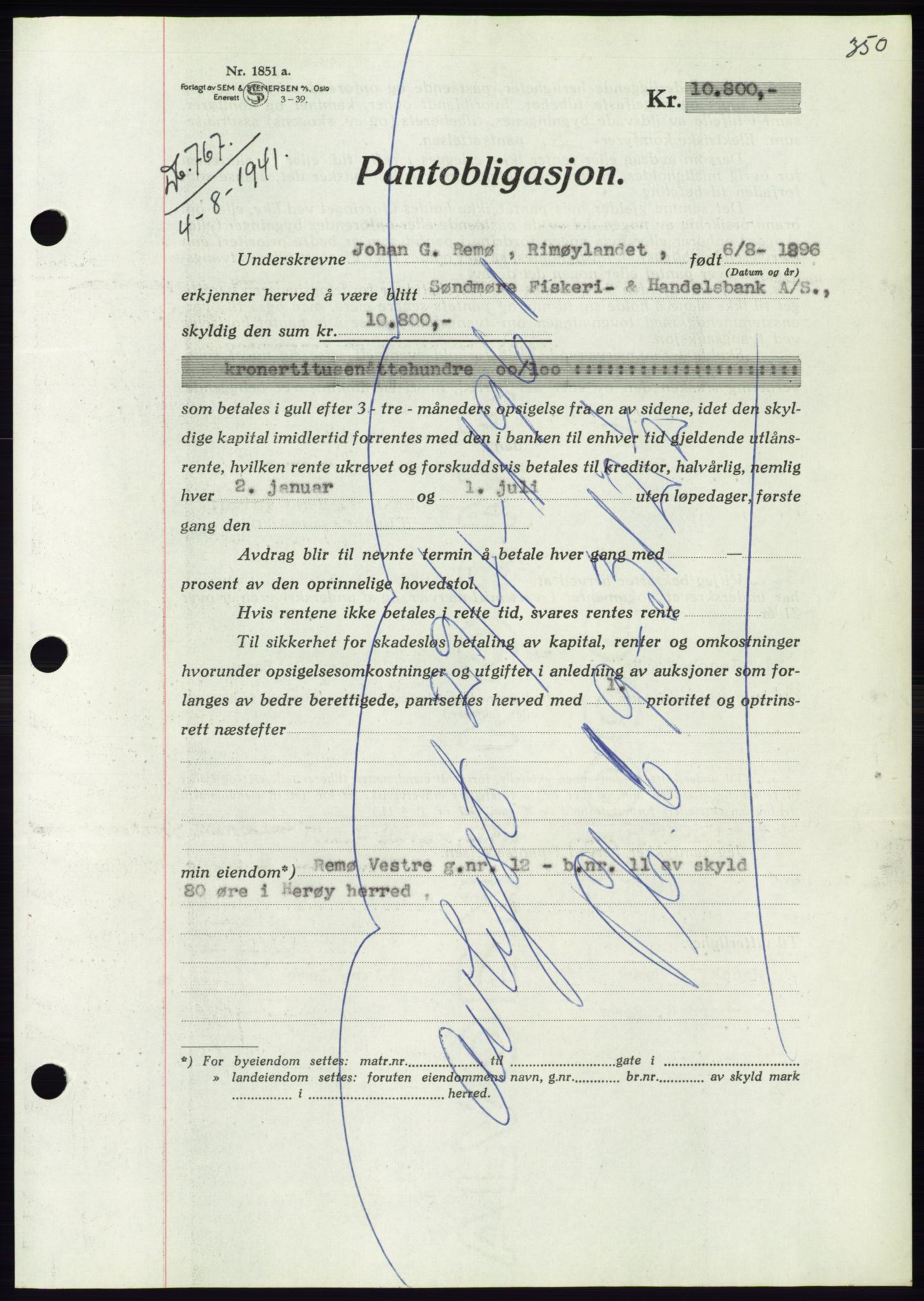 Søre Sunnmøre sorenskriveri, AV/SAT-A-4122/1/2/2C/L0071: Mortgage book no. 65, 1941-1941, Diary no: : 767/1941