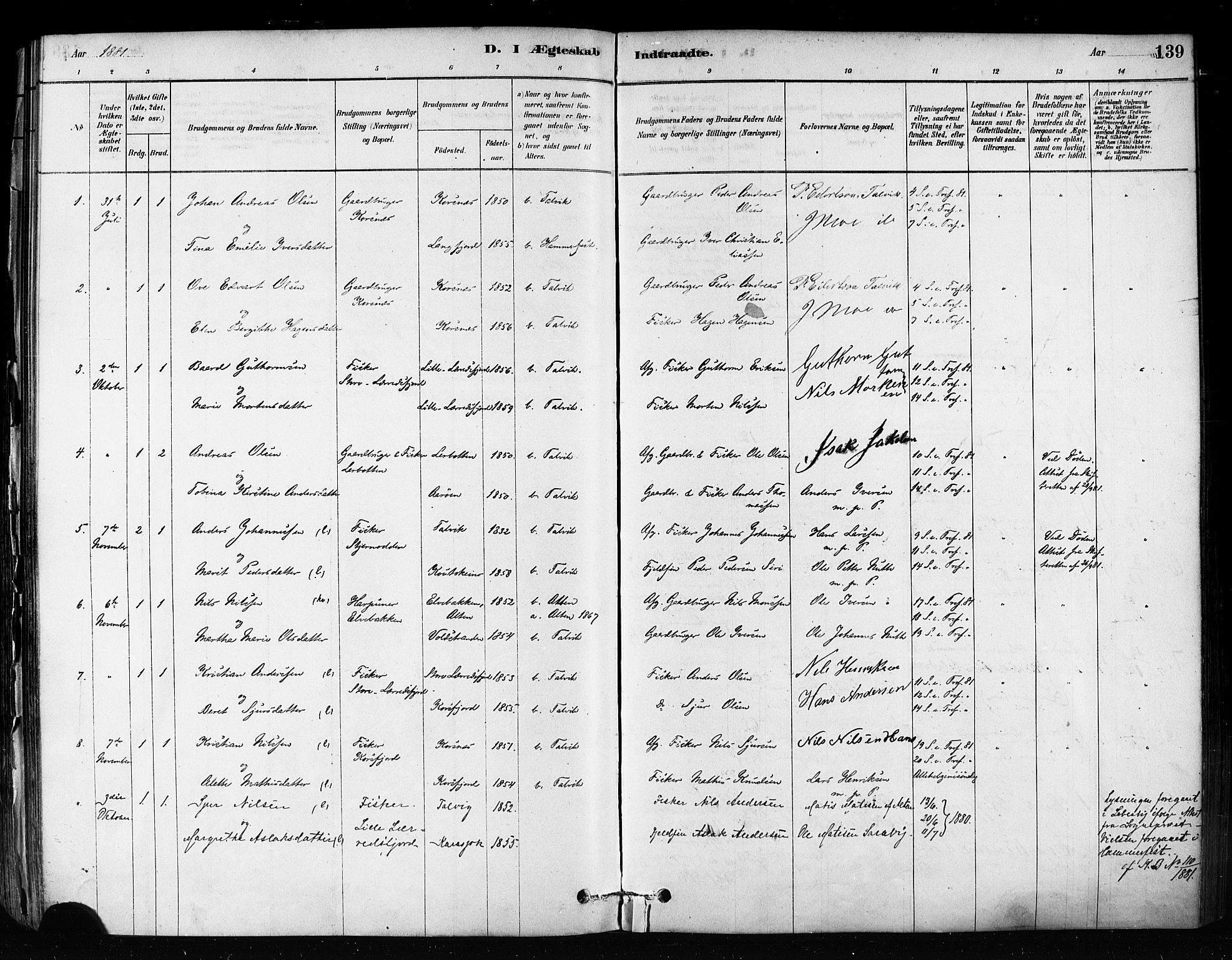 Talvik sokneprestkontor, SATØ/S-1337/H/Ha/L0012kirke: Parish register (official) no. 12, 1878-1886, p. 139