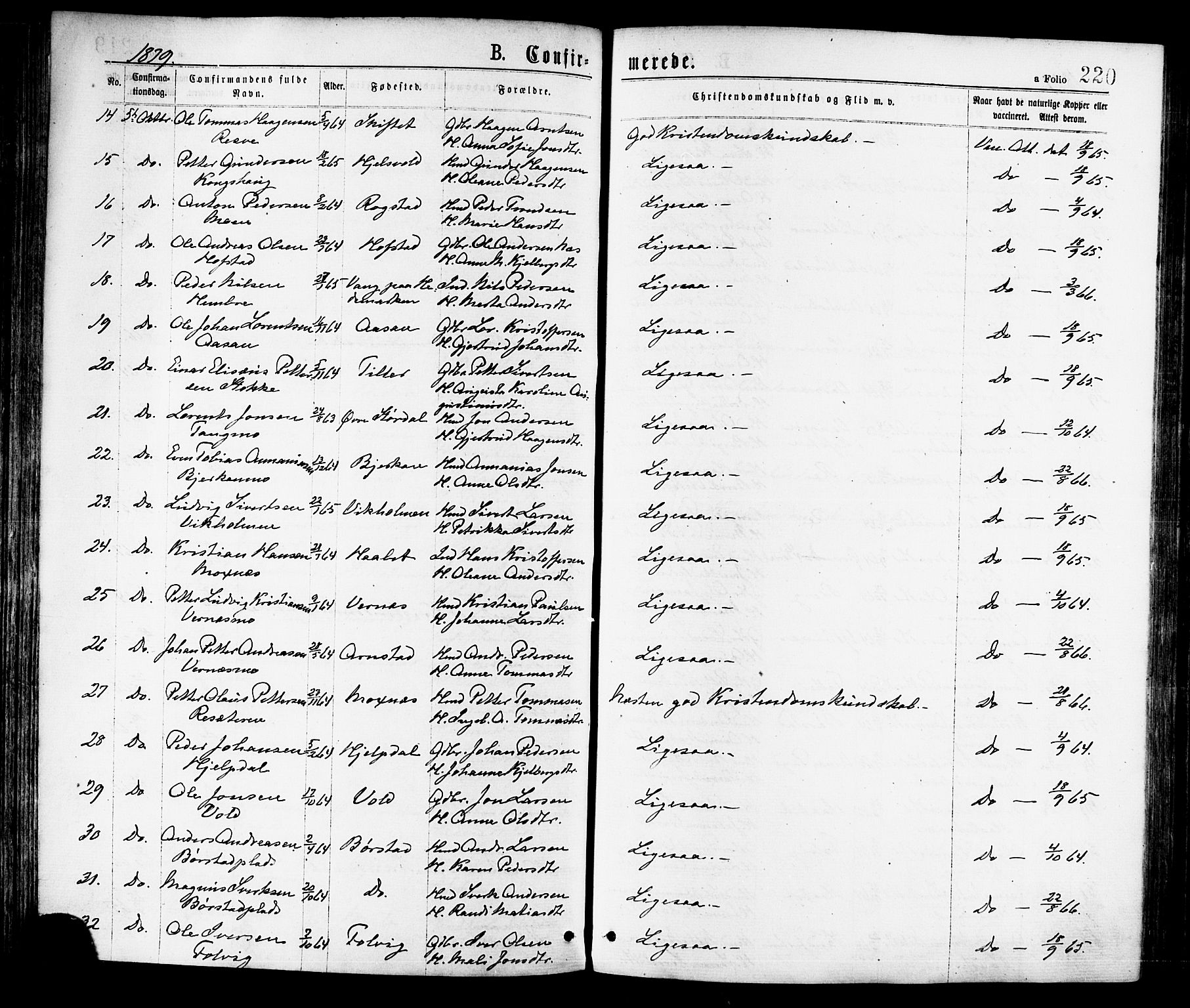 Ministerialprotokoller, klokkerbøker og fødselsregistre - Nord-Trøndelag, AV/SAT-A-1458/709/L0076: Parish register (official) no. 709A16, 1871-1879, p. 220