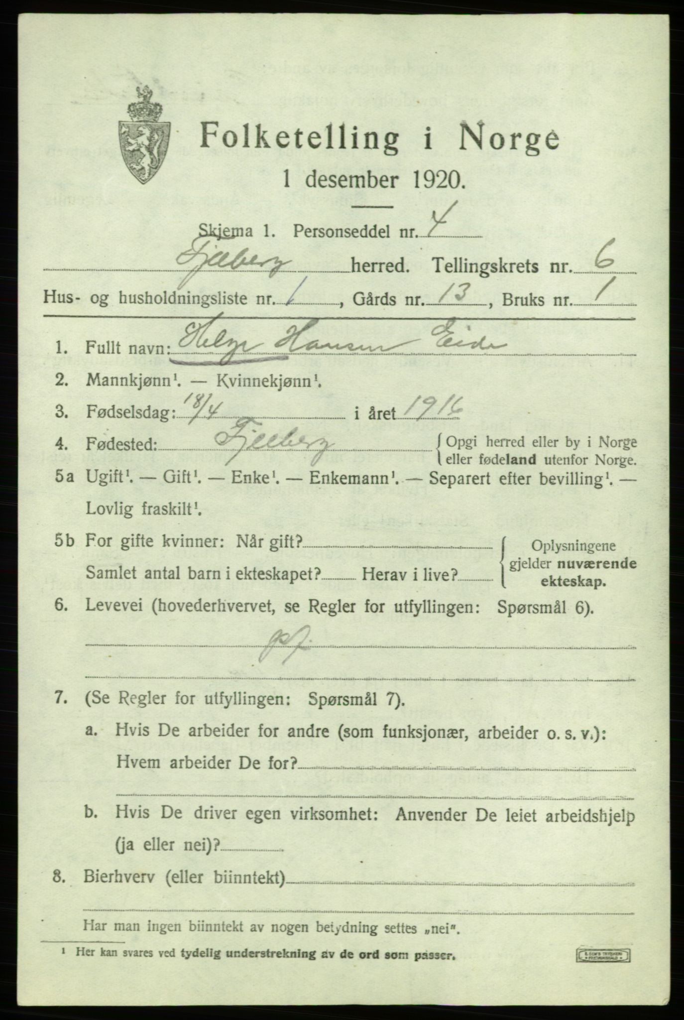 SAB, 1920 census for Fjelberg, 1920, p. 2187