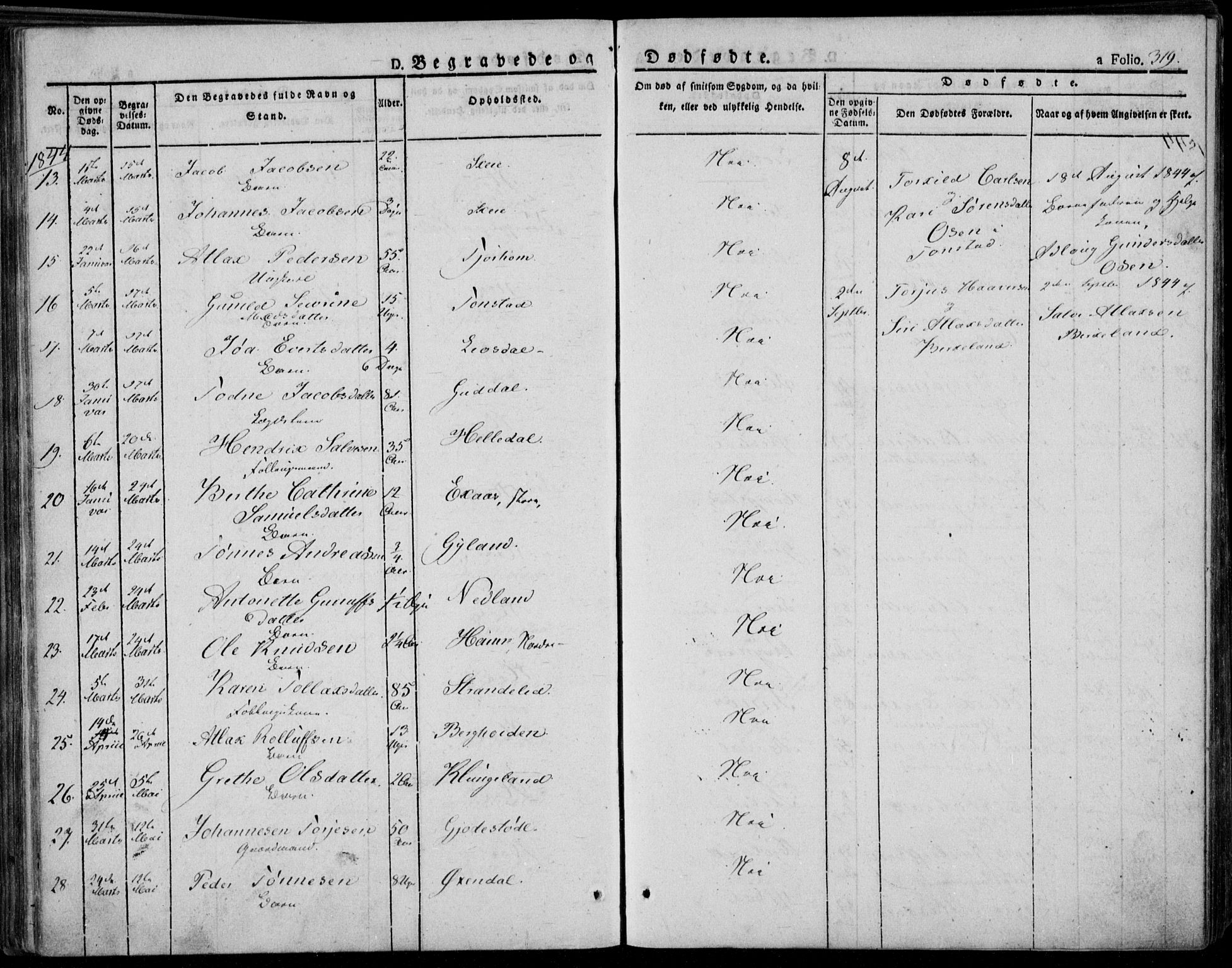 Bakke sokneprestkontor, AV/SAK-1111-0002/F/Fa/Faa/L0004: Parish register (official) no. A 4, 1834-1846, p. 319