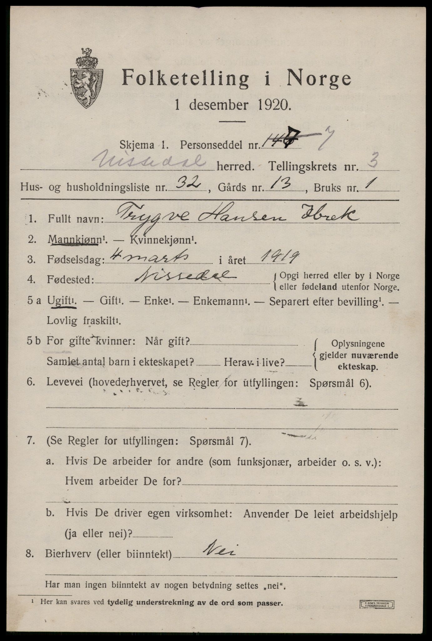 SAKO, 1920 census for Nissedal, 1920, p. 1789