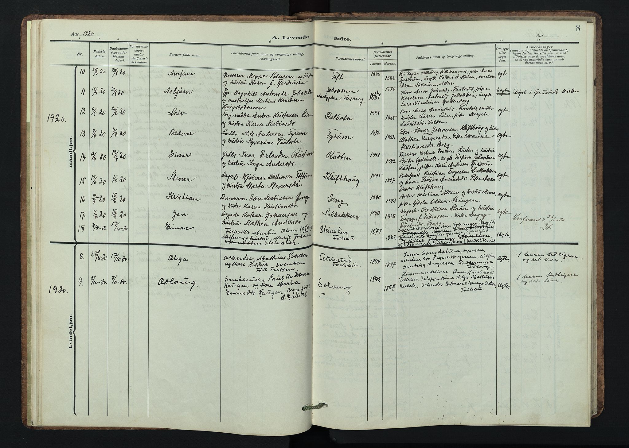 Østre Gausdal prestekontor, SAH/PREST-092/H/Ha/Hab/L0005: Parish register (copy) no. 5, 1915-1944, p. 8