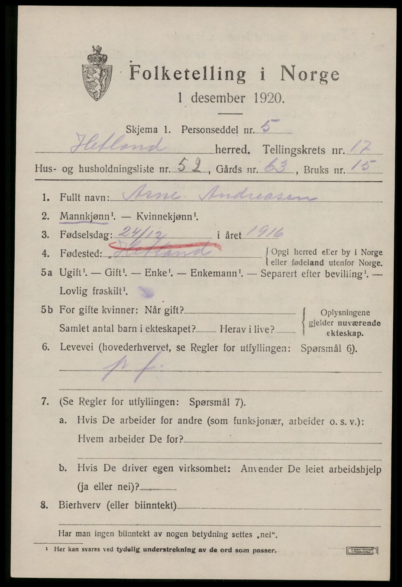 SAST, 1920 census for Hetland, 1920, p. 25101