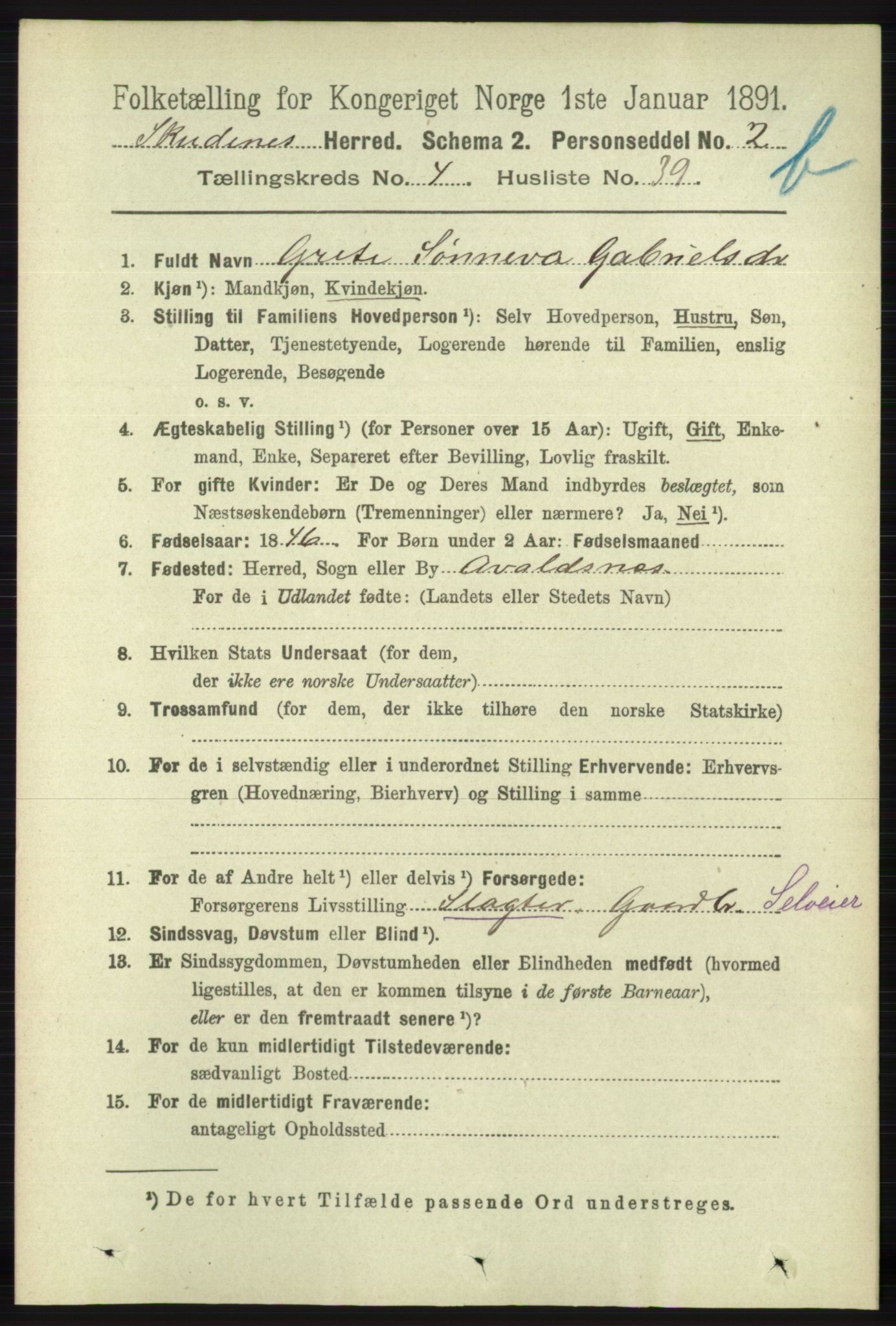 RA, 1891 census for 1150 Skudenes, 1891, p. 4746