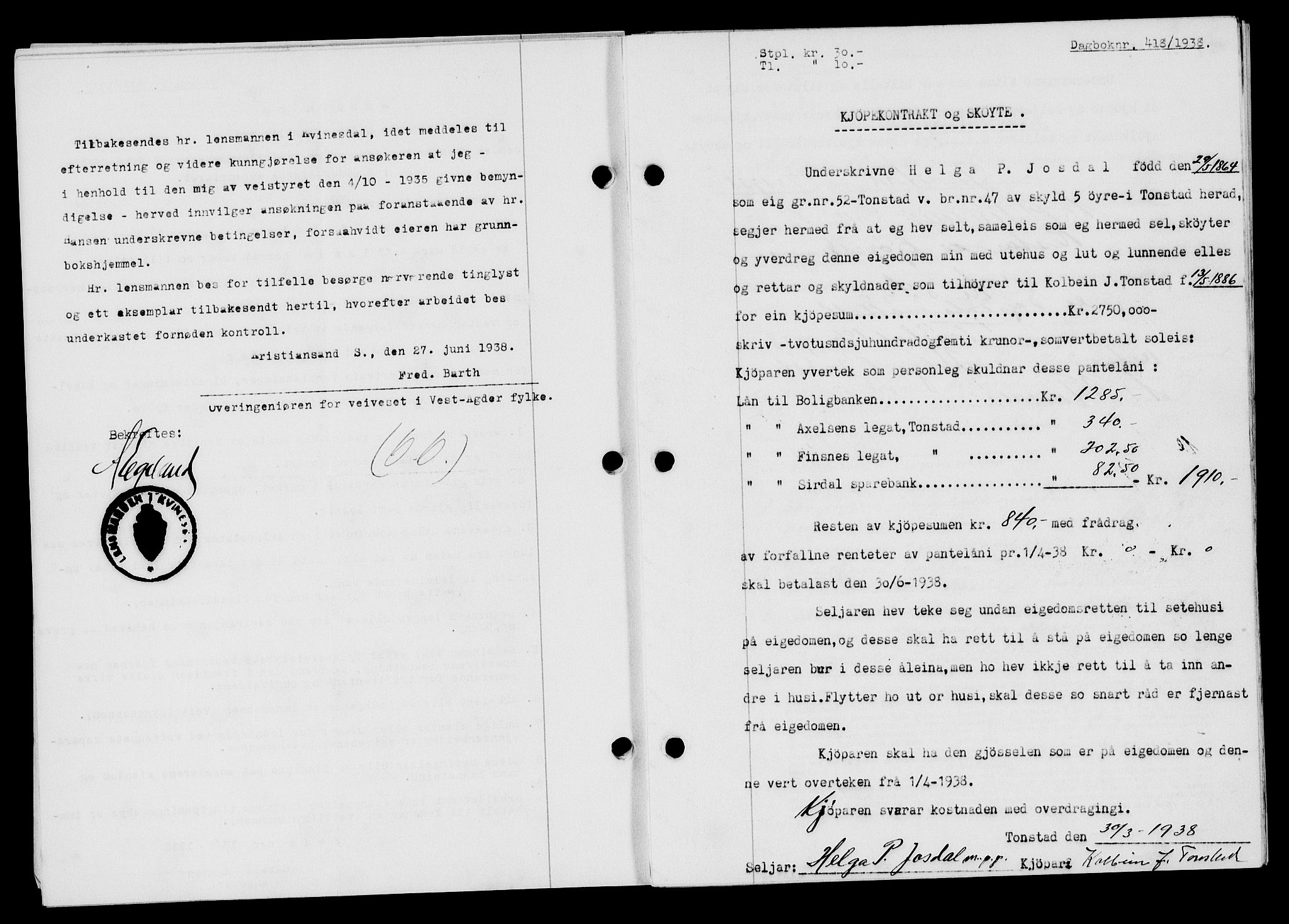 Flekkefjord sorenskriveri, SAK/1221-0001/G/Gb/Gba/L0054: Mortgage book no. A-2, 1937-1938, Diary no: : 418/1938