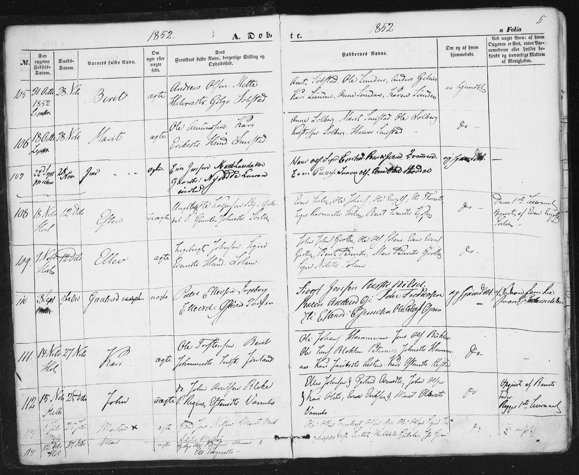 Ministerialprotokoller, klokkerbøker og fødselsregistre - Sør-Trøndelag, SAT/A-1456/691/L1076: Parish register (official) no. 691A08, 1852-1861, p. 5
