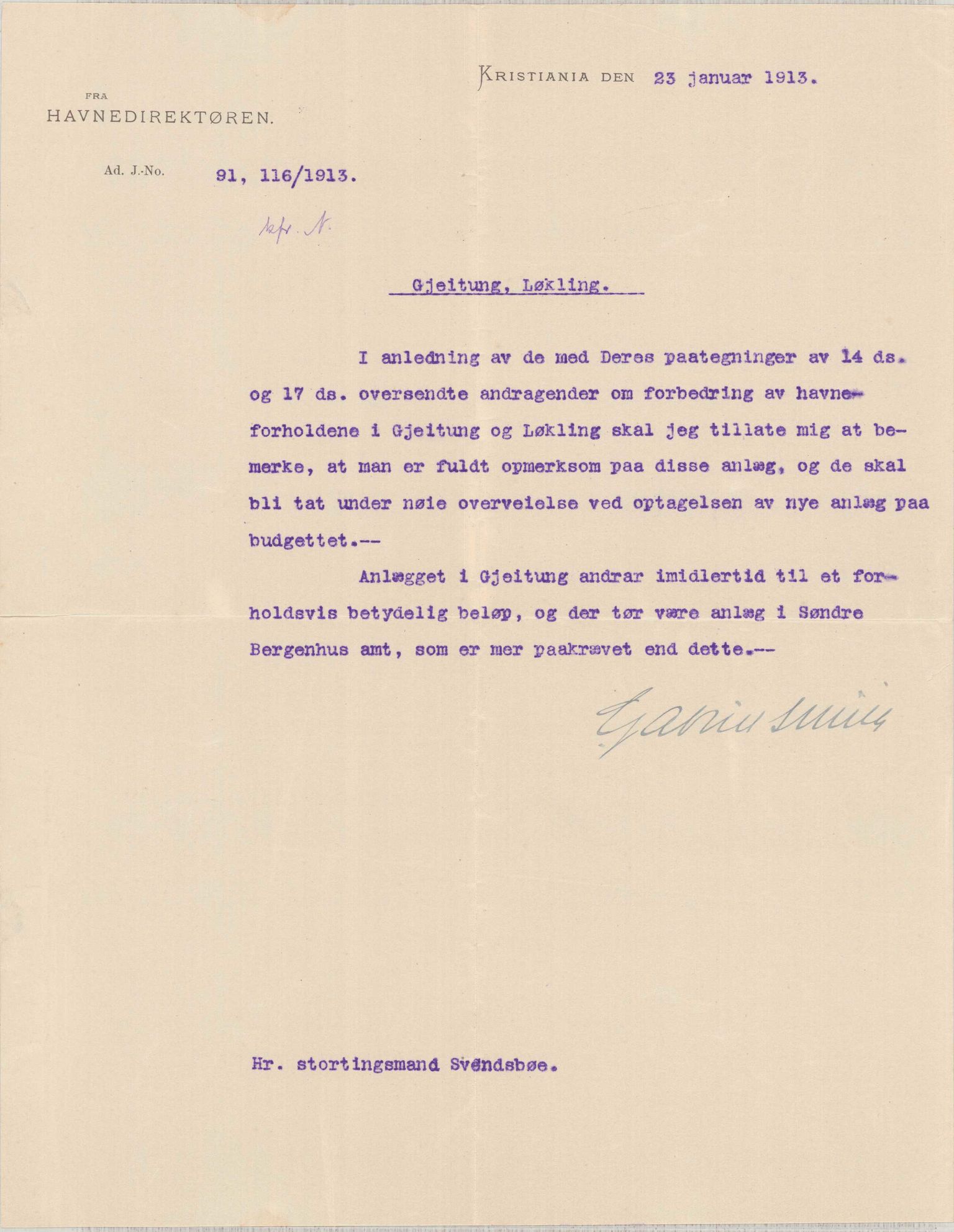 Finnaas kommune. Formannskapet, IKAH/1218a-021/D/Da/L0001/0012: Korrespondanse / saker / Kronologisk ordna korrespondanse , 1913, p. 22