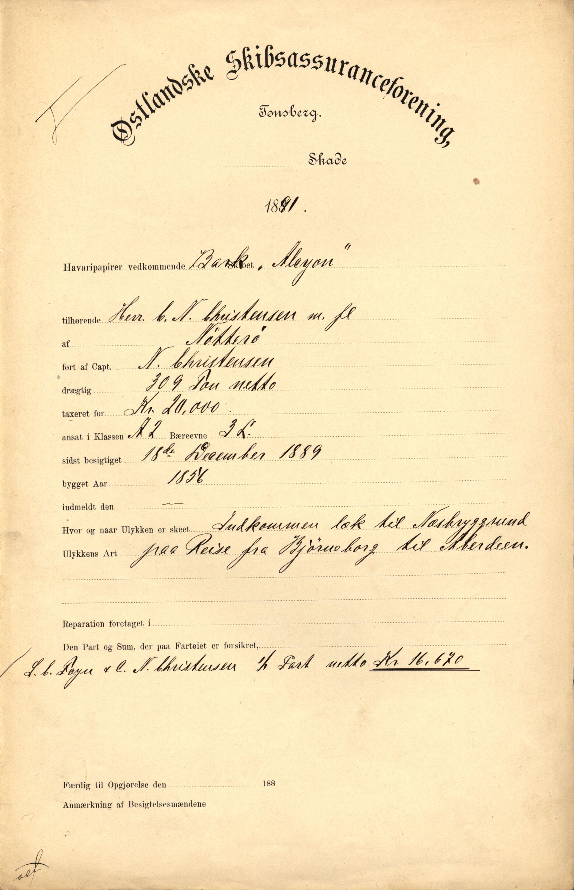 Pa 63 - Østlandske skibsassuranceforening, VEMU/A-1079/G/Ga/L0027/0009: Havaridokumenter / Activ av Sandefjord, Alice, Alexandra, Aleyon, Wido, 1891, p. 16