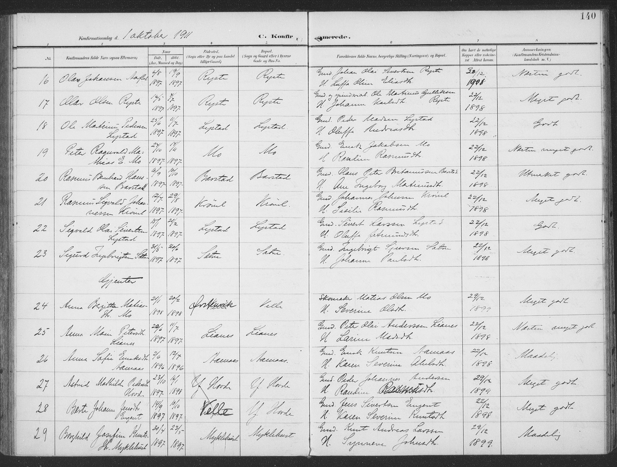 Ministerialprotokoller, klokkerbøker og fødselsregistre - Møre og Romsdal, SAT/A-1454/513/L0178: Parish register (official) no. 513A05, 1906-1919, p. 140