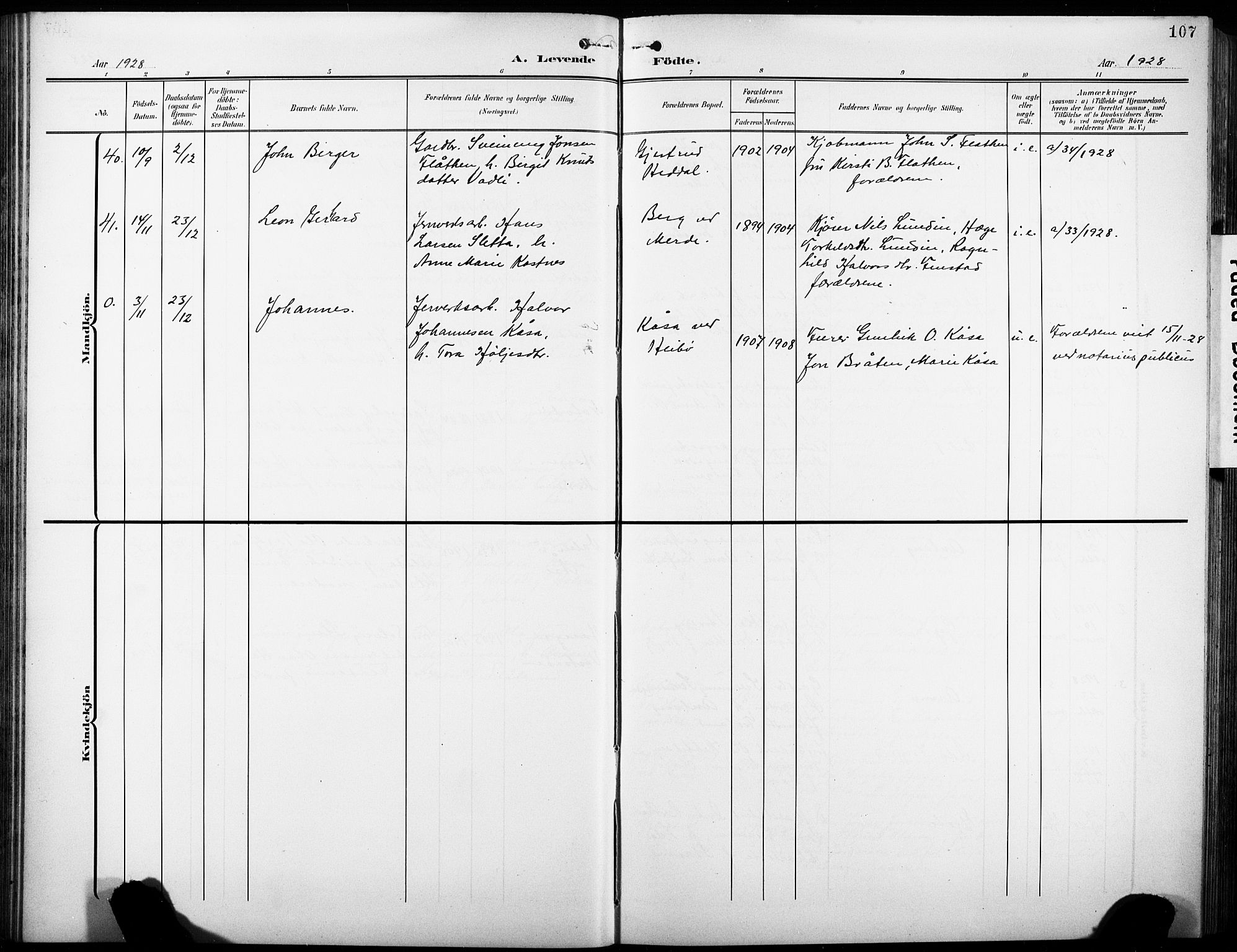 Heddal kirkebøker, SAKO/A-268/G/Ga/L0003: Parish register (copy) no. I 3, 1908-1932, p. 107