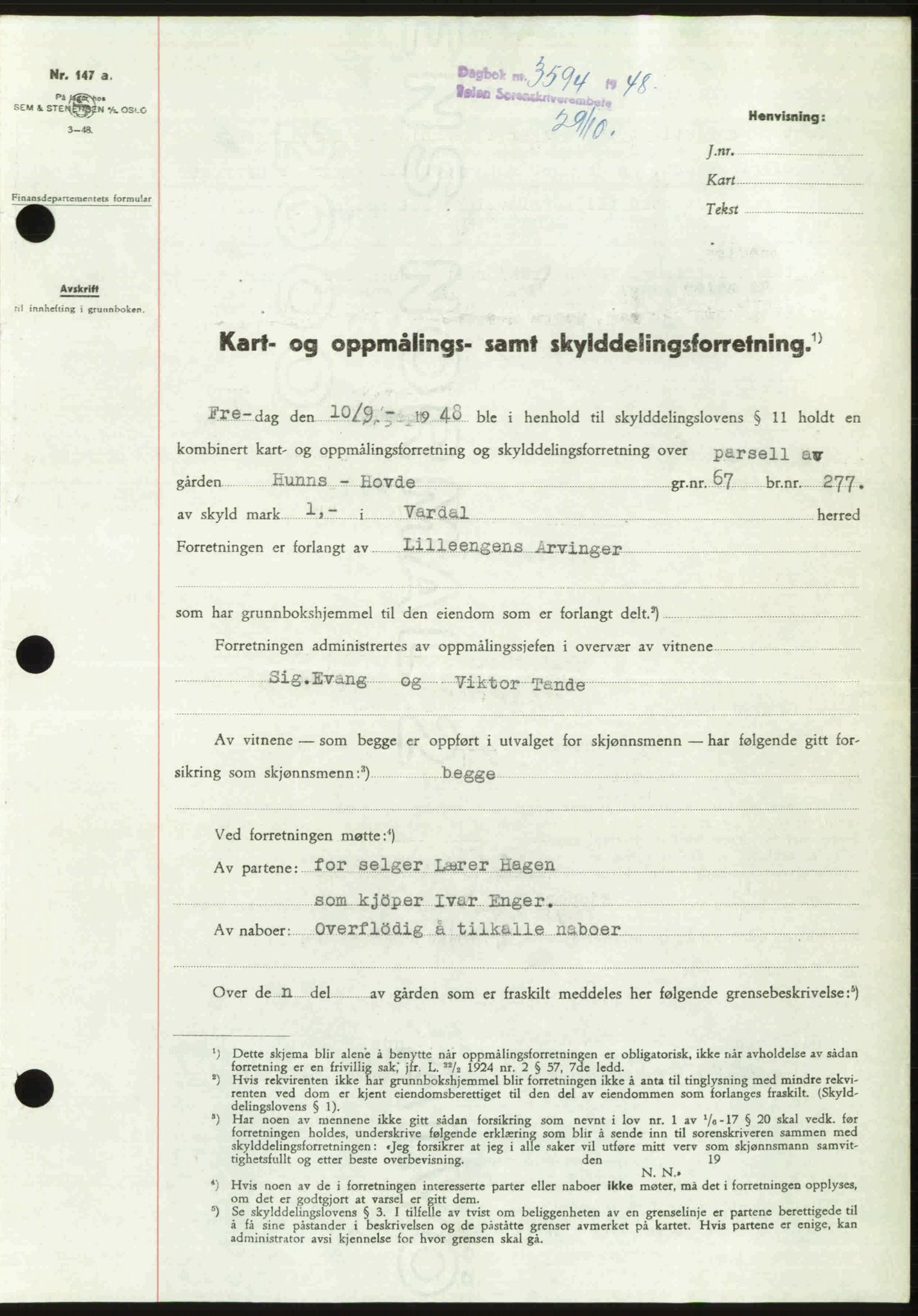 Toten tingrett, SAH/TING-006/H/Hb/Hbc/L0020: Mortgage book no. Hbc-20, 1948-1948, Diary no: : 3594/1948