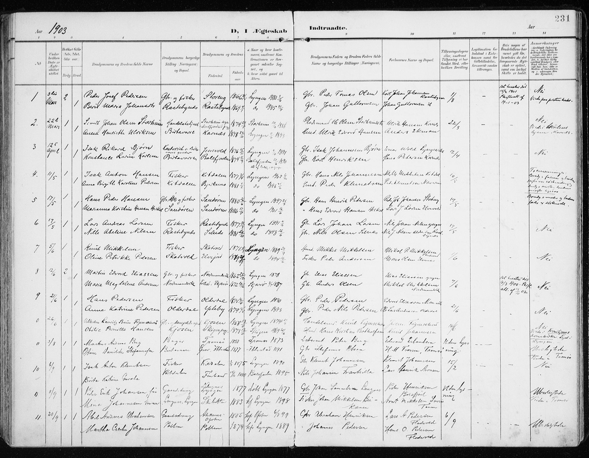 Lyngen sokneprestembete, SATØ/S-1289/H/He/Hea/L0011kirke: Parish register (official) no. 11, 1903-1913, p. 231