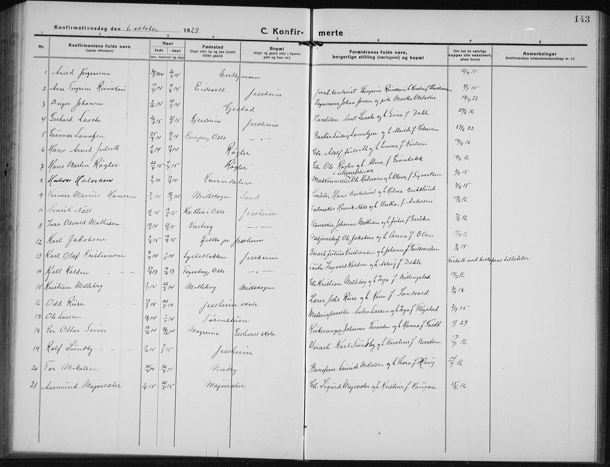 Ullensaker prestekontor Kirkebøker, AV/SAO-A-10236a/G/Gb/L0002: Parish register (copy) no. II 2, 1917-1941, p. 143