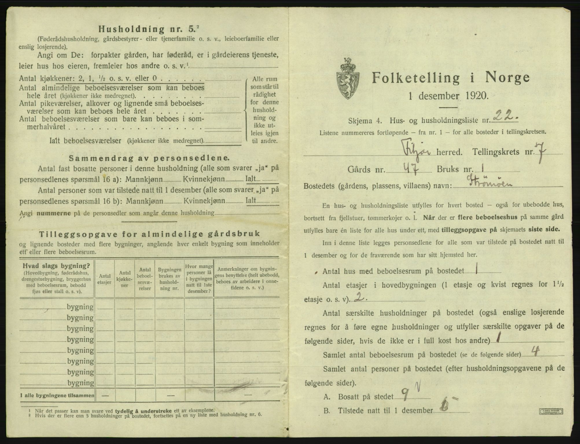 SAB, 1920 census for Fitjar, 1920, p. 454