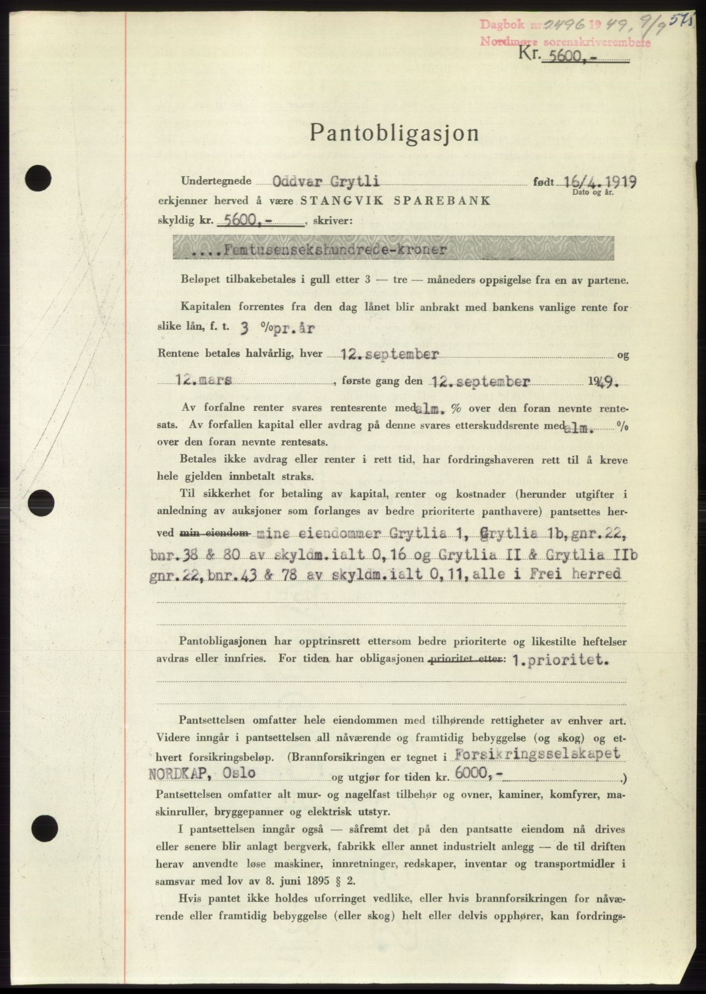 Nordmøre sorenskriveri, AV/SAT-A-4132/1/2/2Ca: Mortgage book no. B102, 1949-1949, Diary no: : 2496/1949