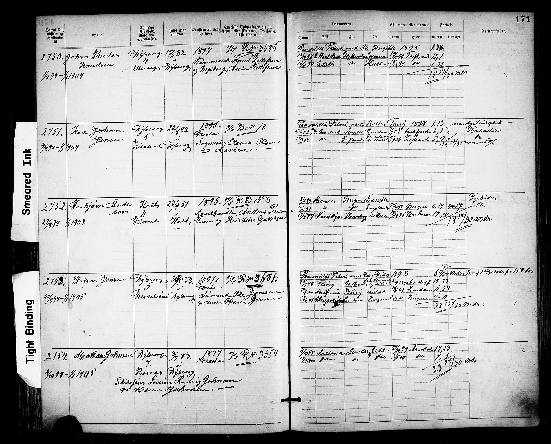 Tvedestrand mønstringskrets, SAK/2031-0011/F/Fa/L0004: Annotasjonsrulle nr 1906-3400 med register, U-26, 1887-1911, p. 192