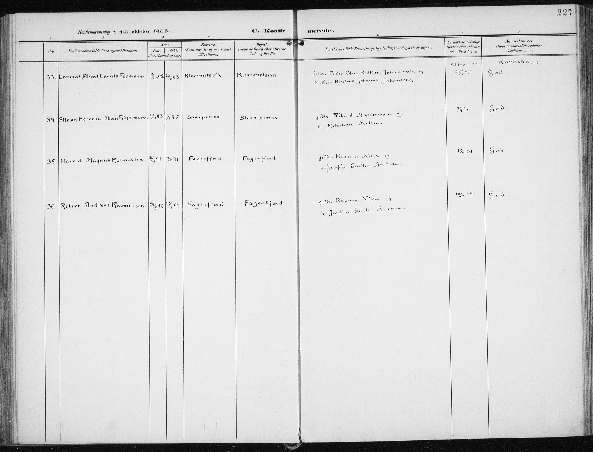 Karlsøy sokneprestembete, AV/SATØ-S-1299/H/Ha/Haa/L0014kirke: Parish register (official) no. 14, 1903-1917, p. 227