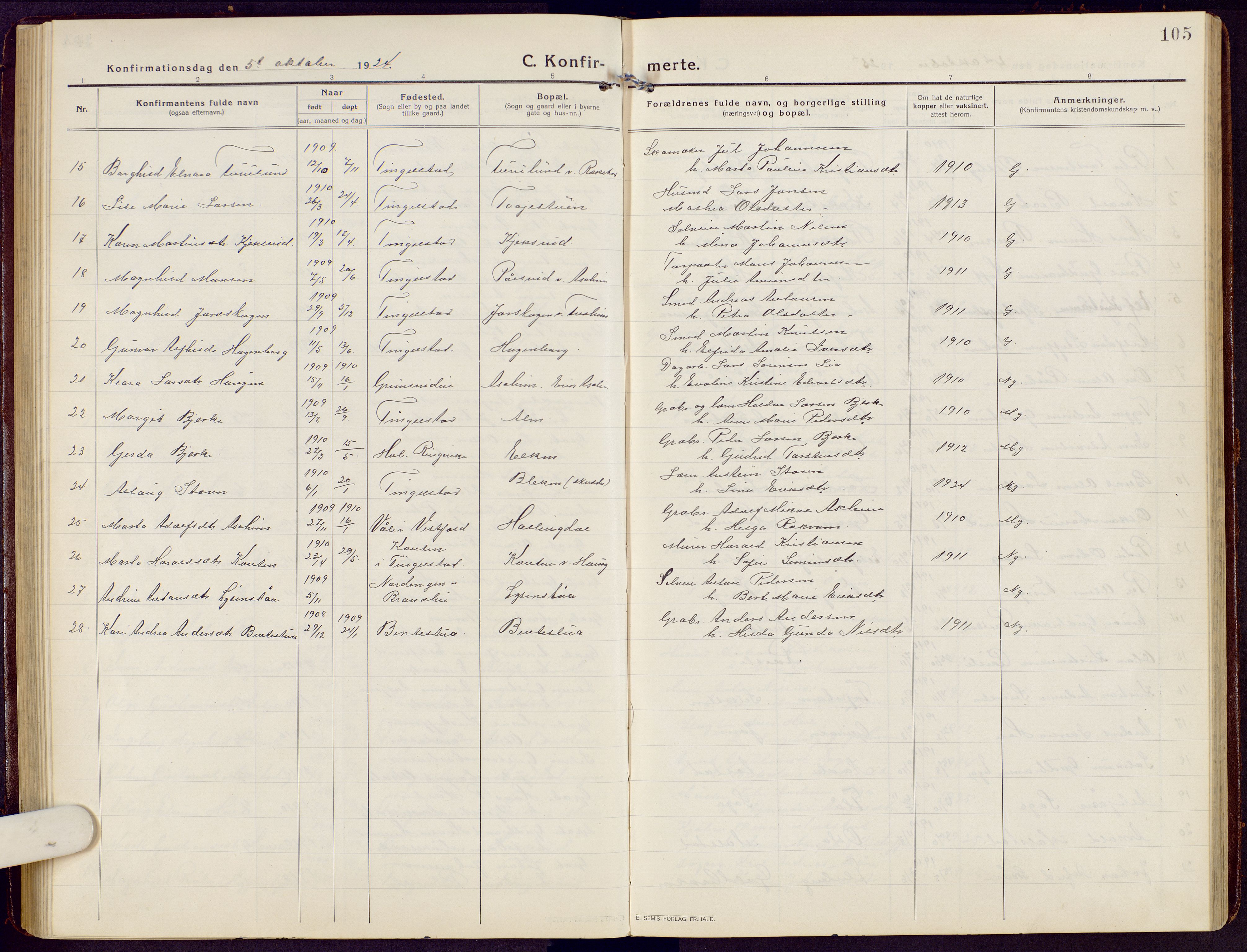Brandbu prestekontor, SAH/PREST-114/H/Ha/Hab/L0010: Parish register (copy) no. 10, 1916-1930, p. 105