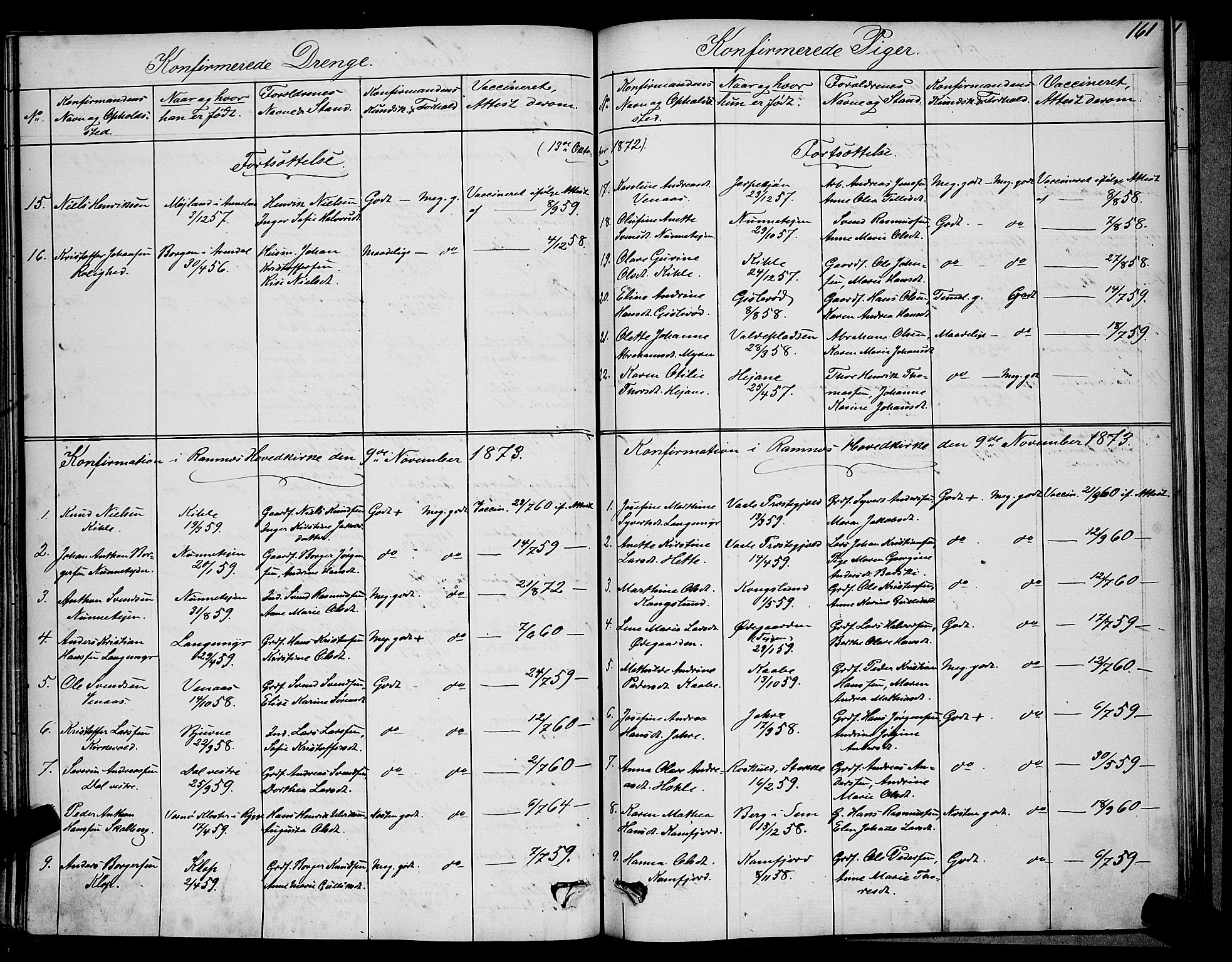 Ramnes kirkebøker, SAKO/A-314/G/Ga/L0003: Parish register (copy) no. I 3, 1870-1896, p. 161