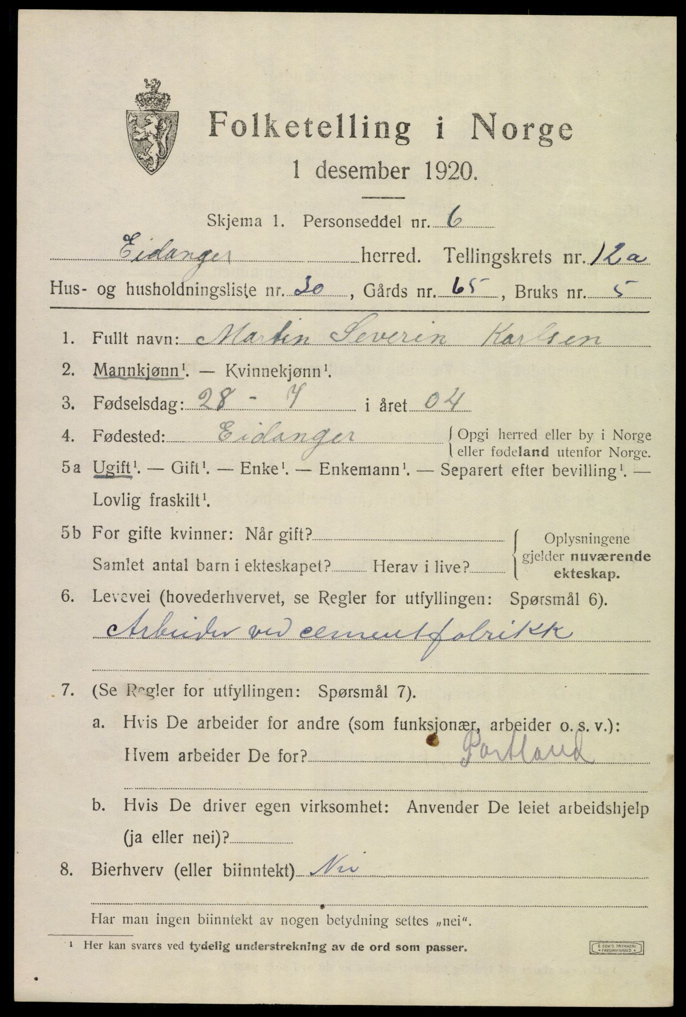 SAKO, 1920 census for Eidanger, 1920, p. 7518