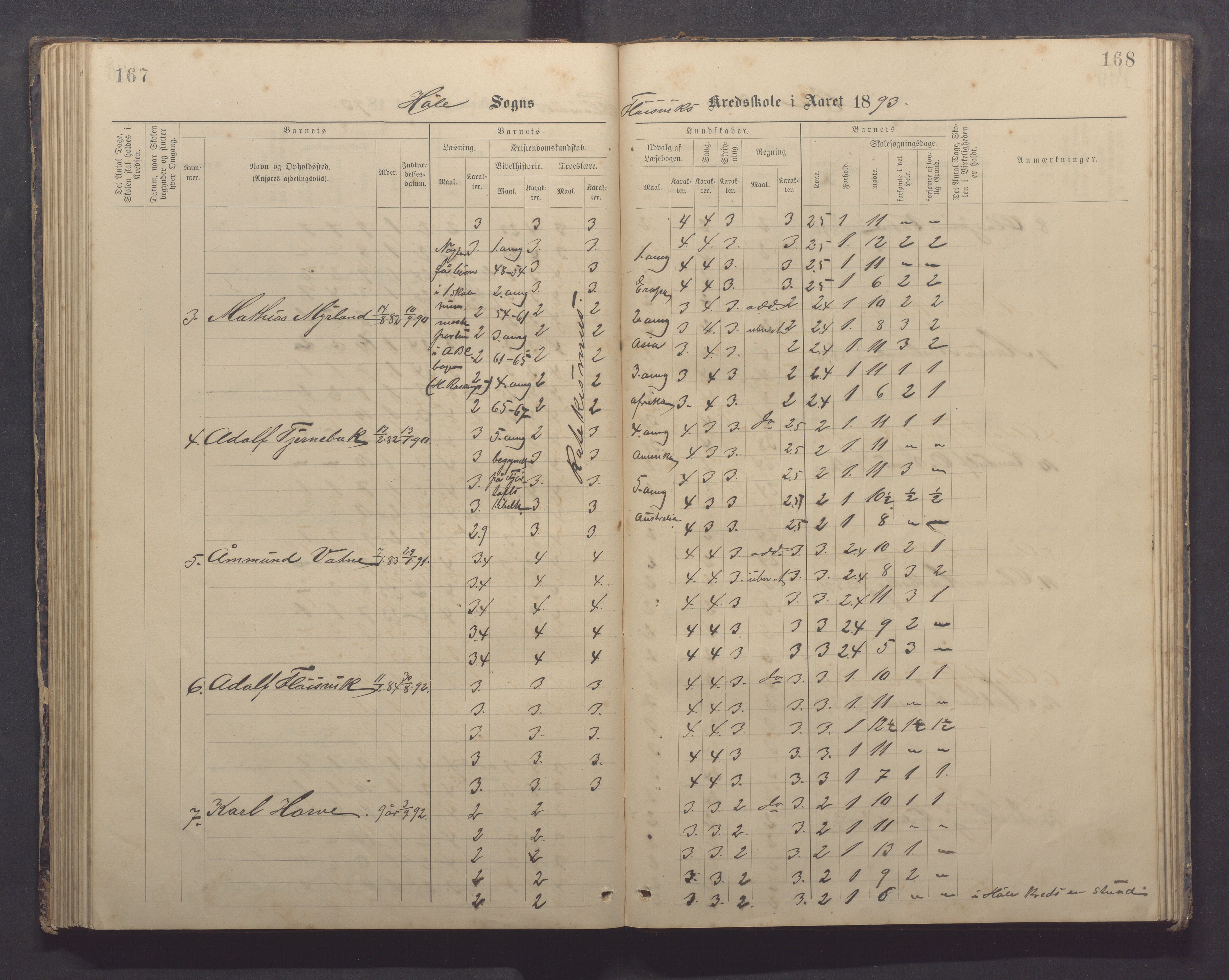 Høle kommune - Tengesdal skole, IKAR/K-100033/F/L0001: Skoleprotokoll, 1884-1893, p. 167-168