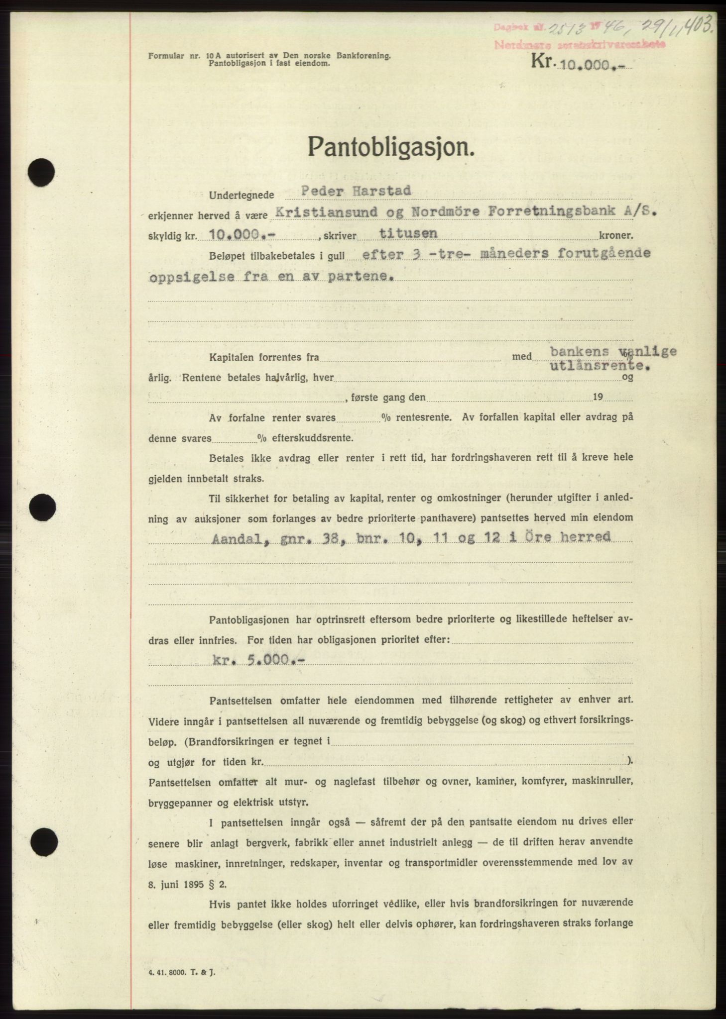 Nordmøre sorenskriveri, AV/SAT-A-4132/1/2/2Ca: Mortgage book no. B95, 1946-1947, Diary no: : 2513/1946