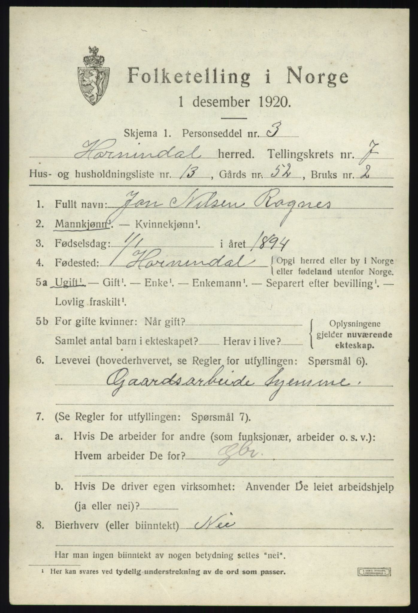 SAB, 1920 census for Hornindal, 1920, p. 3706