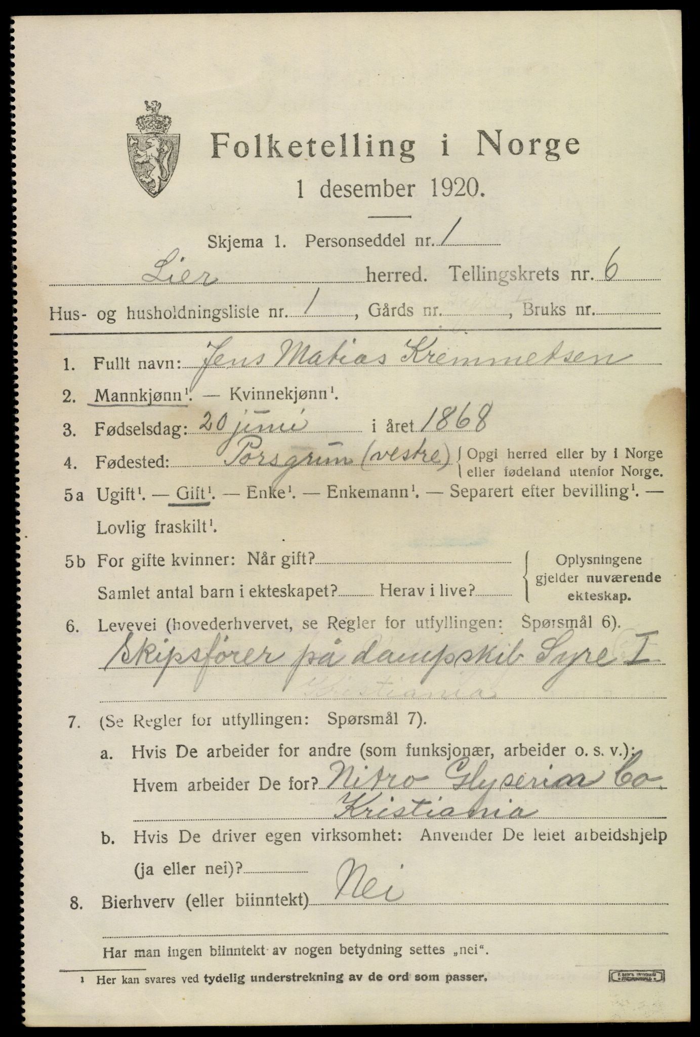 SAKO, 1920 census for Lier, 1920, p. 10594