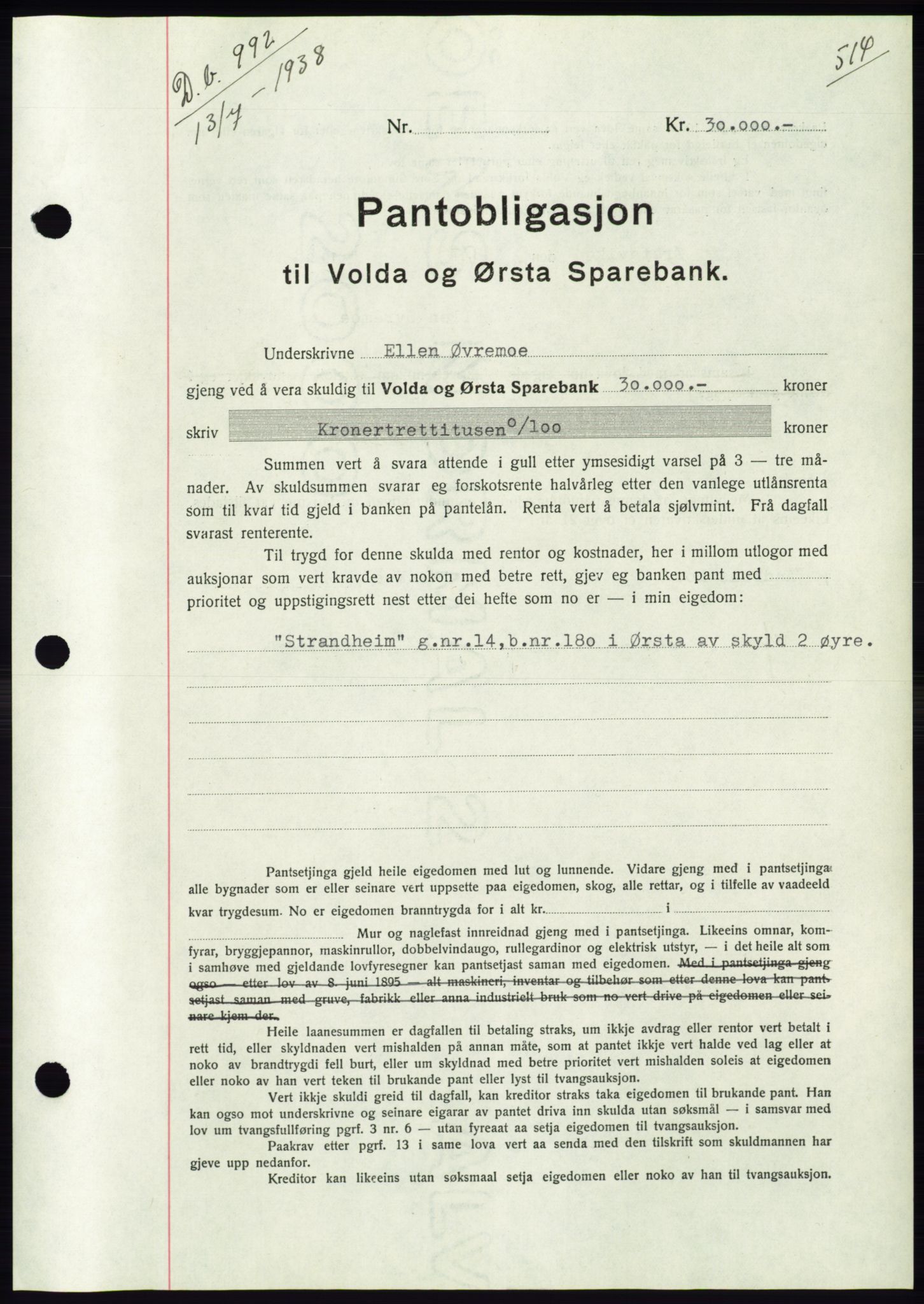 Søre Sunnmøre sorenskriveri, AV/SAT-A-4122/1/2/2C/L0065: Mortgage book no. 59, 1938-1938, Diary no: : 992/1938