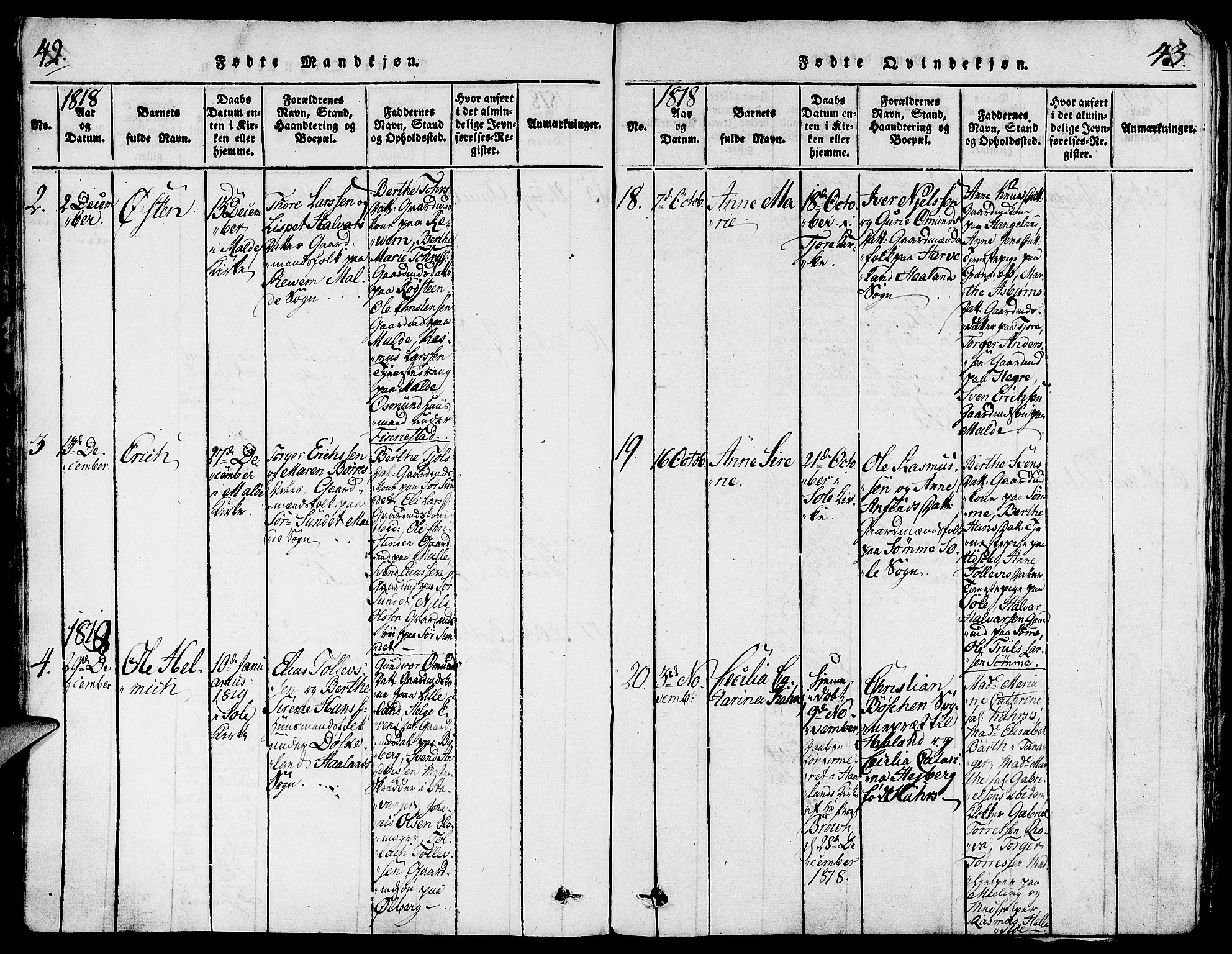 Håland sokneprestkontor, AV/SAST-A-101802/001/30BA/L0004: Parish register (official) no. A 4, 1815-1829, p. 42-43