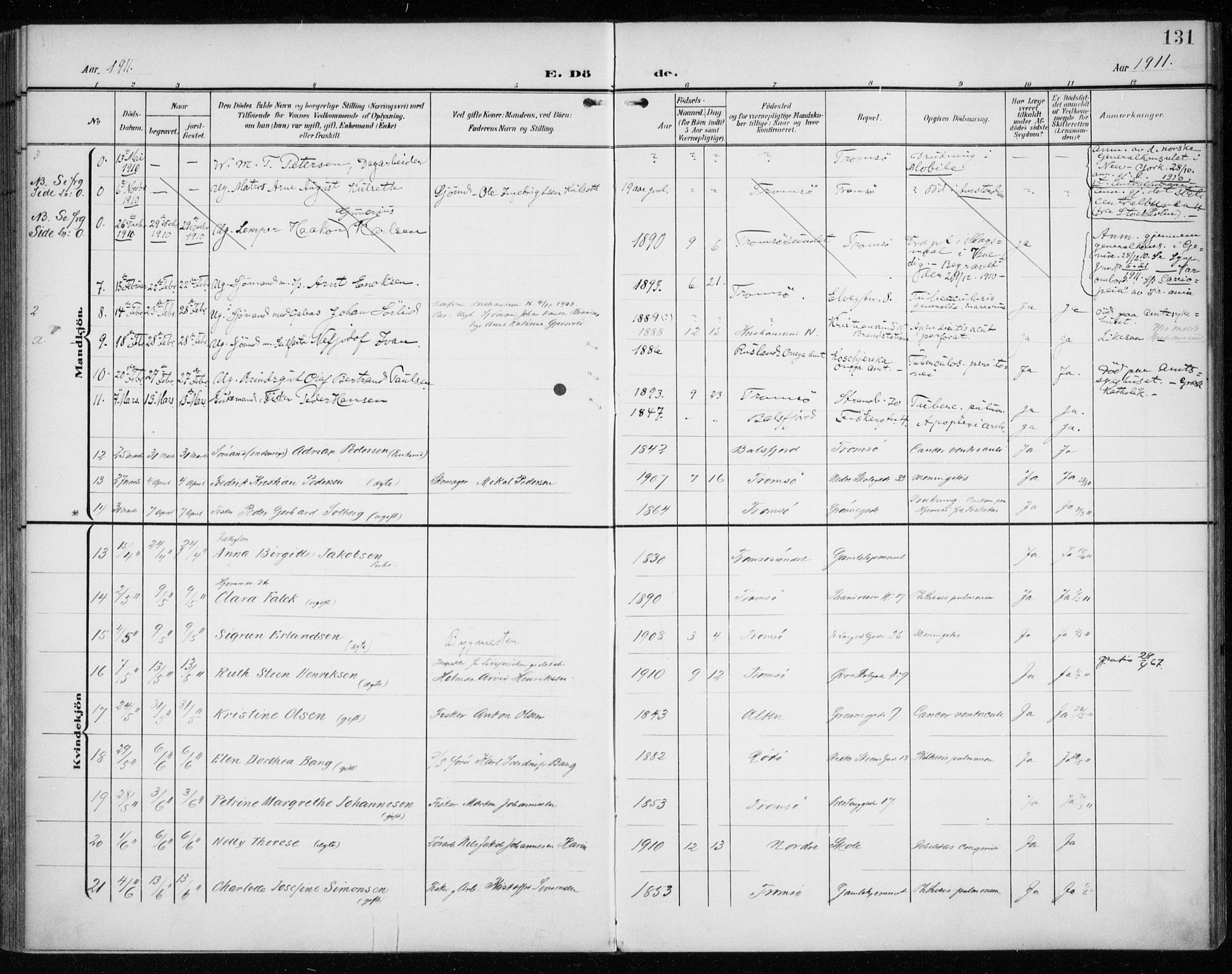 Tromsø sokneprestkontor/stiftsprosti/domprosti, AV/SATØ-S-1343/G/Ga/L0018kirke: Parish register (official) no. 18, 1907-1917, p. 131