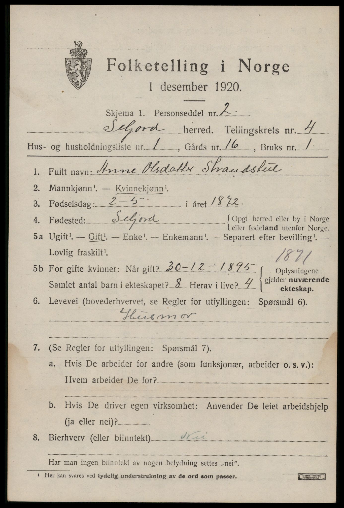 SAKO, 1920 census for Seljord, 1920, p. 2092