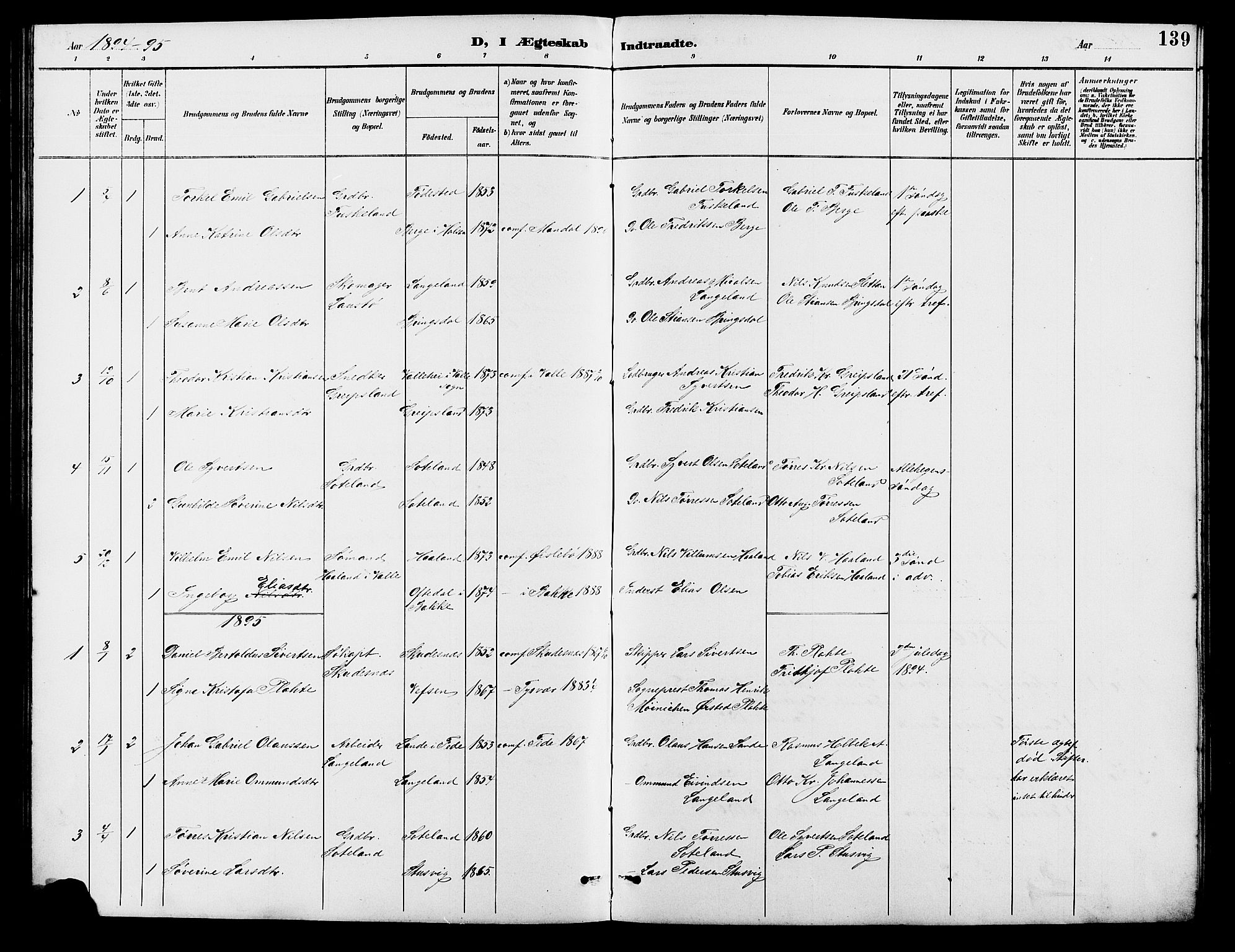 Holum sokneprestkontor, SAK/1111-0022/F/Fb/Fba/L0005: Parish register (copy) no. B 5, 1891-1909, p. 139