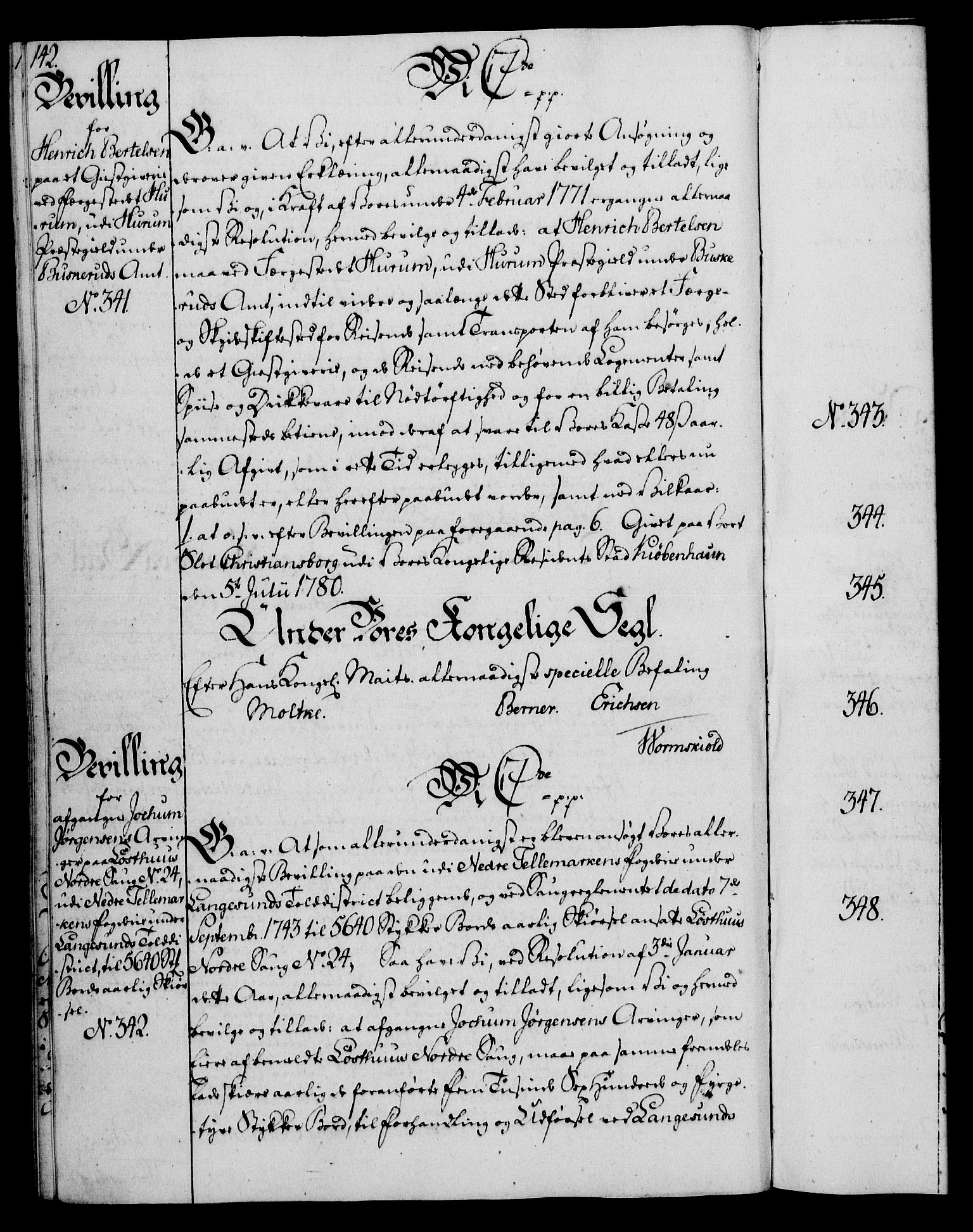Rentekammeret, Kammerkanselliet, RA/EA-3111/G/Gg/Gga/L0011: Norsk ekspedisjonsprotokoll med register (merket RK 53.11), 1779-1781, p. 142