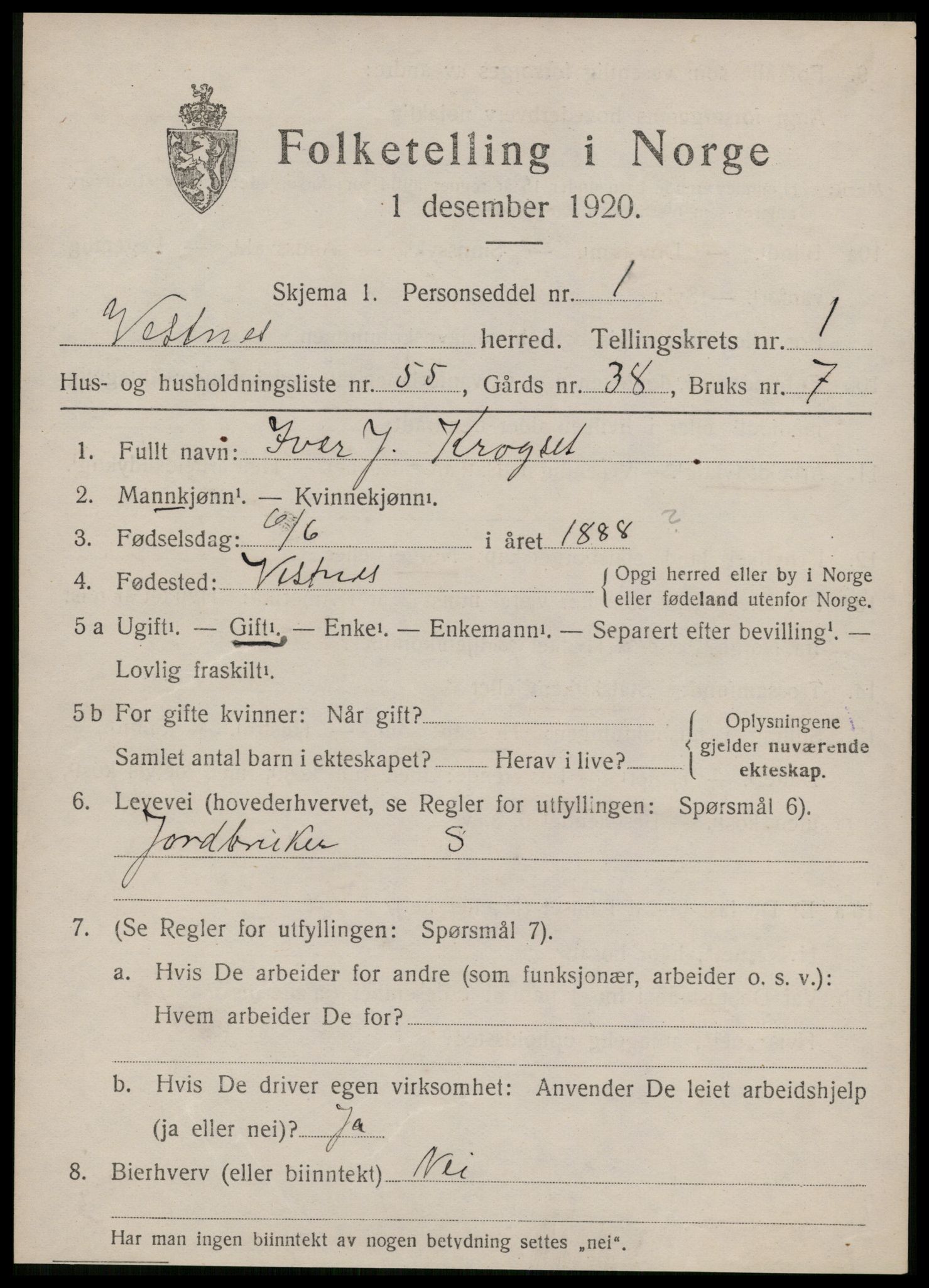 SAT, 1920 census for Vestnes, 1920, p. 1867