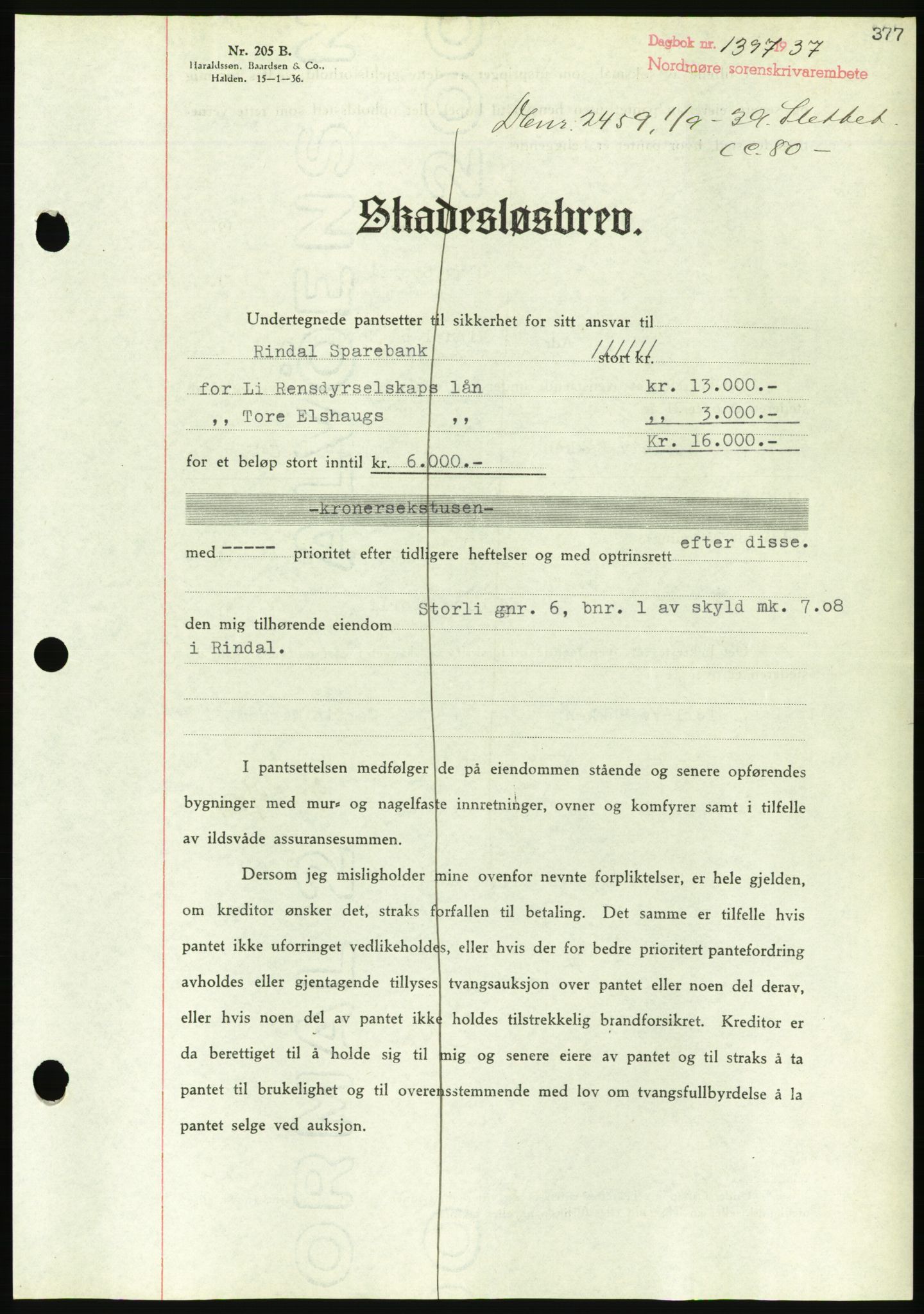 Nordmøre sorenskriveri, AV/SAT-A-4132/1/2/2Ca/L0091: Mortgage book no. B81, 1937-1937, Diary no: : 1397/1937