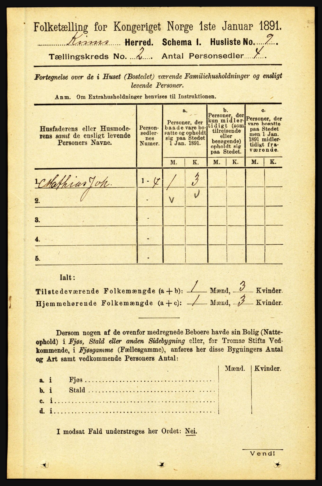 RA, 1891 census for 1437 Kinn, 1891, p. 485