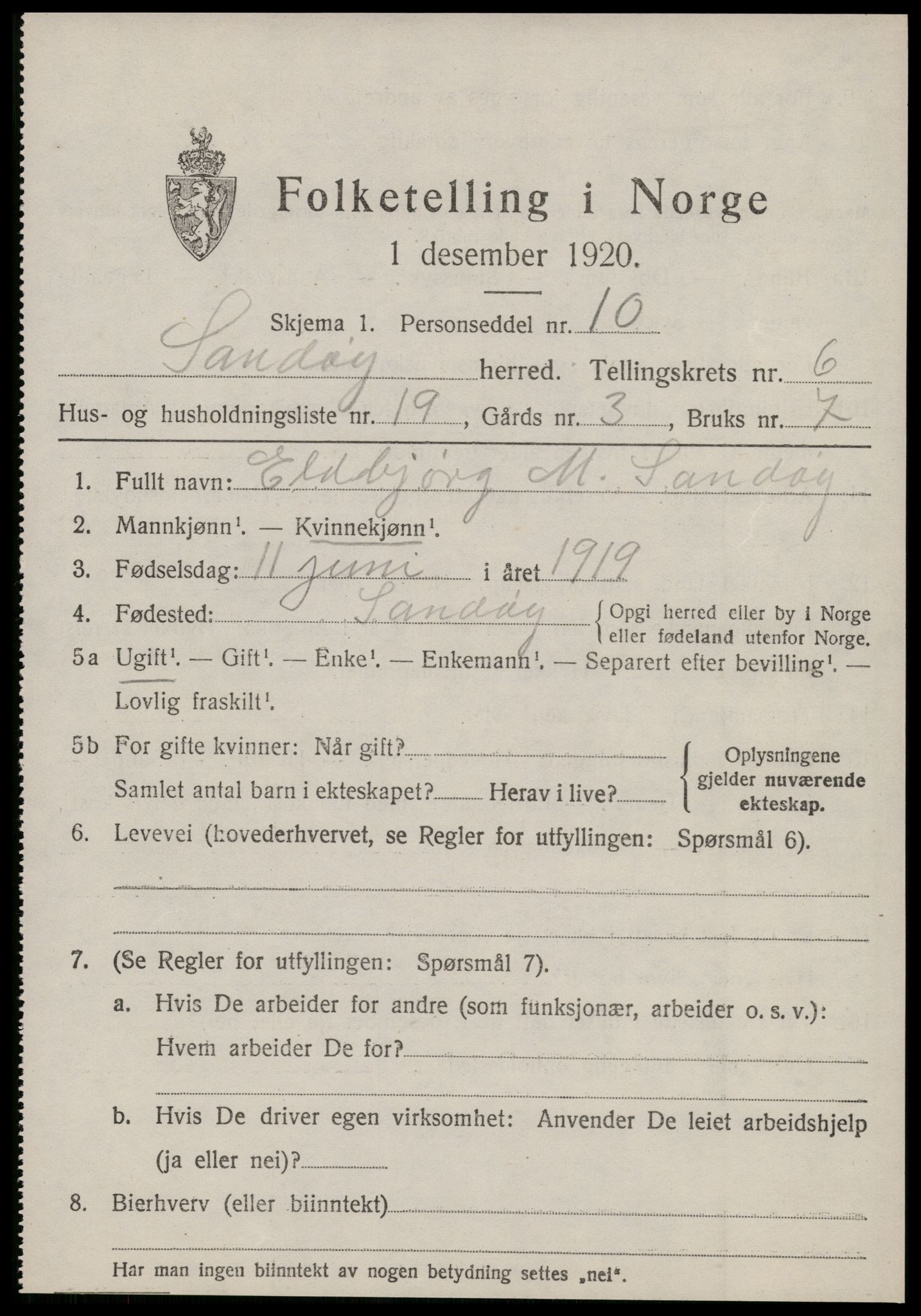 SAT, 1920 census for Sandøy, 1920, p. 2298