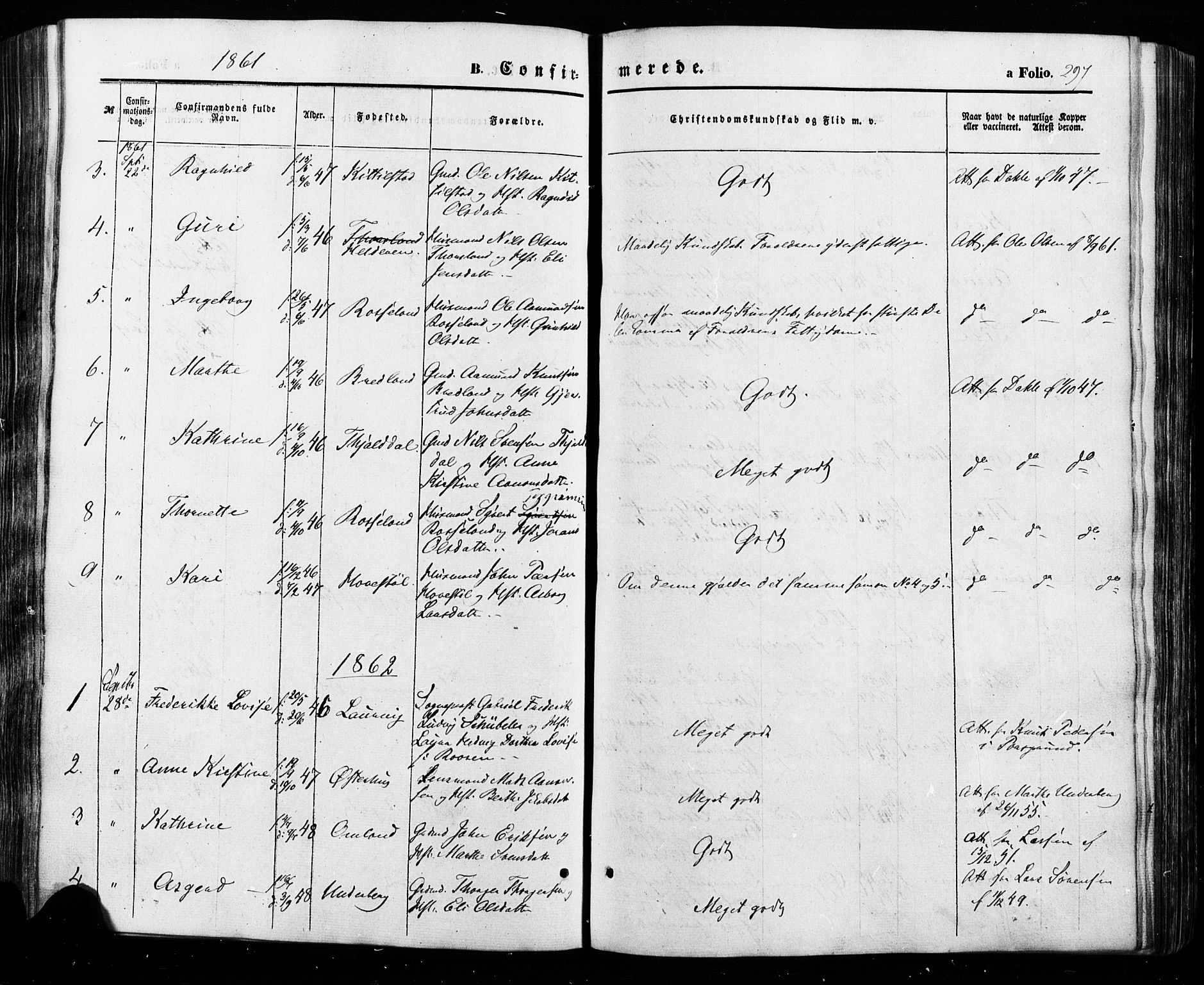 Åseral sokneprestkontor, AV/SAK-1111-0051/F/Fa/L0002: Parish register (official) no. A 2, 1854-1884, p. 297