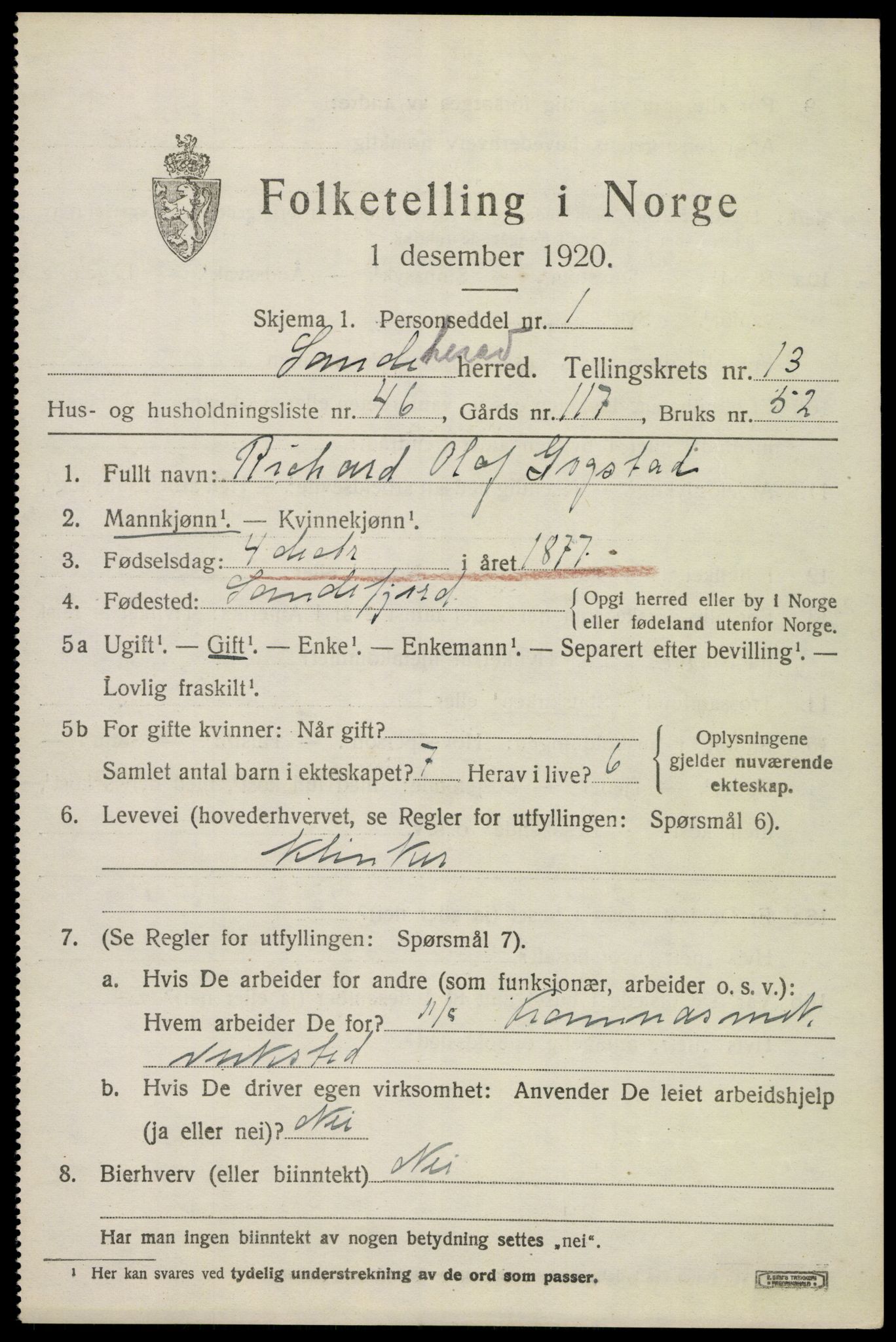 SAKO, 1920 census for Sandeherred, 1920, p. 19850
