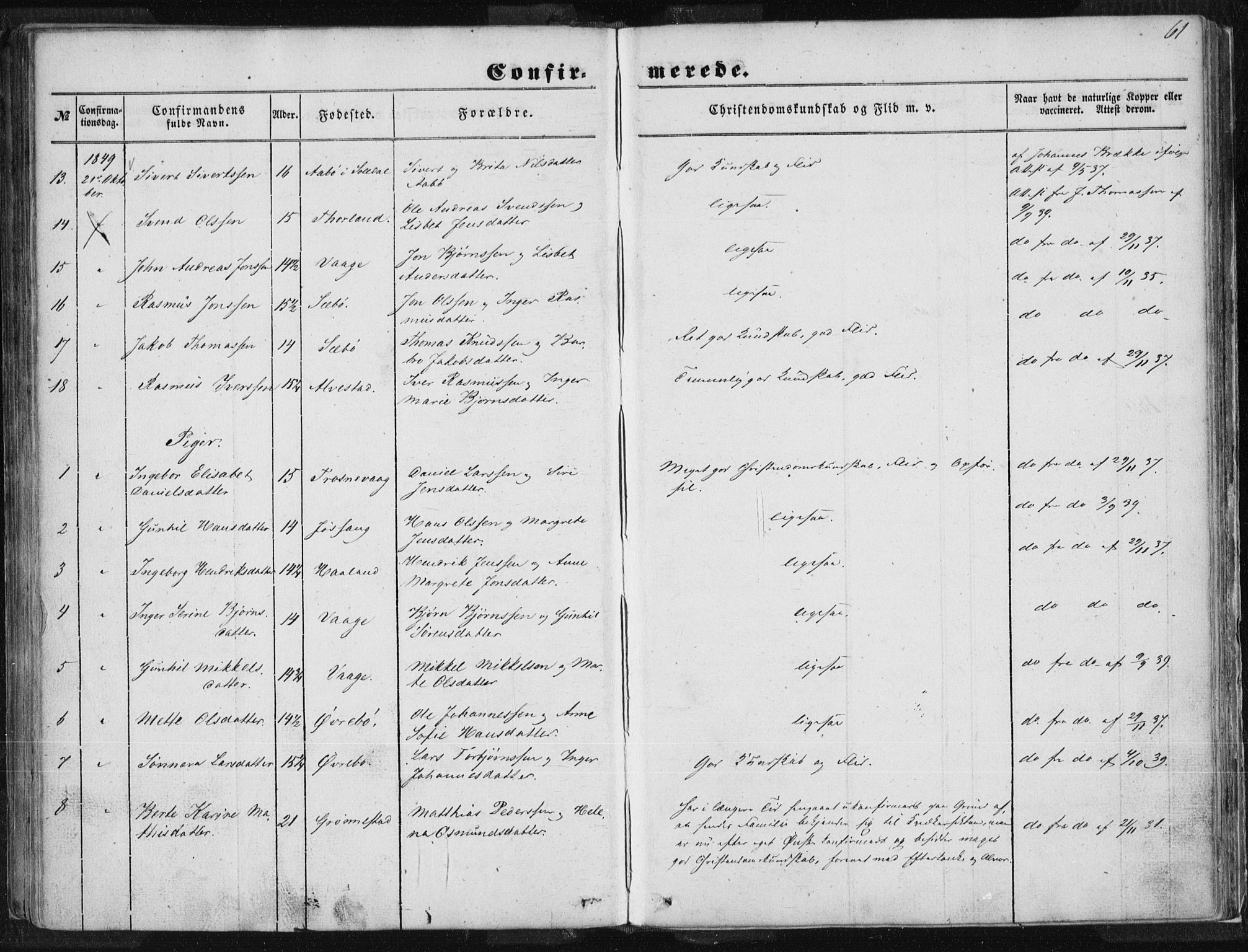Tysvær sokneprestkontor, AV/SAST-A -101864/H/Ha/Haa/L0002: Parish register (official) no. A 2, 1847-1856, p. 61
